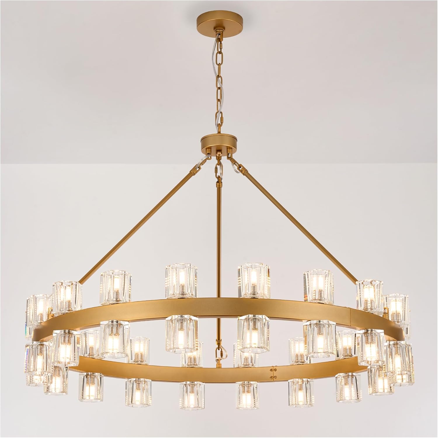 Gold Wagon Wheel Chandelier with Crystal Shade, 36 Inch, 36 Lights, Large Modern Luxury Industrial Metal Ceiling Pendant Light Fixture for Dining, Living Room, Kitchen Island, Foyer