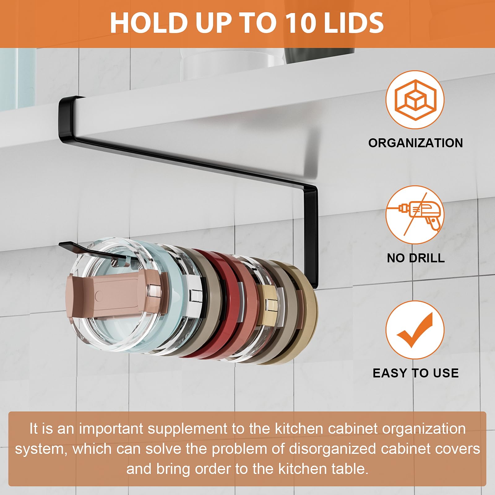 Liktadr Premium Tumbler Lid Organizer, Cup Lid Organizer Under Cabinet, Easy Install-Space Saving Design Drinking Tumbler Lid Storage for Kitchen Organizers and Storage(Black)