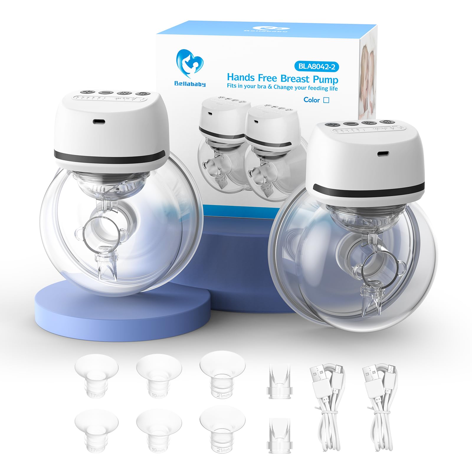 Bellababy Tiralatte Elettrico Indossabile Mani Libere Doppio a Basso Rumore, 4 Modalità e 6 Livelli di Aspirazione, con Flange da 24 mm, Inserto da 17mm, 19mm e 21mm, 2 Pezzi