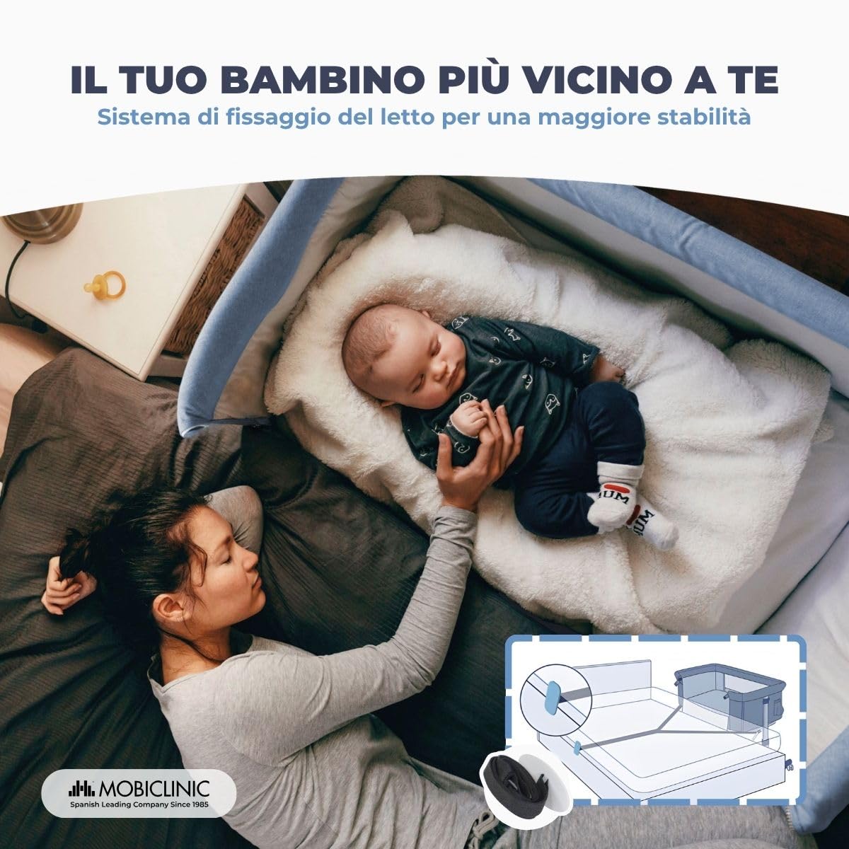 Mobiclinic®, Culla Neonato, Culla Co-Sleeping, 2 in 1, Sistema di Fissaggio del Letto, Regolabile 5 altezze, Borsa trasporto, Ruote, Rete traspirante, Base imbottita, Moon