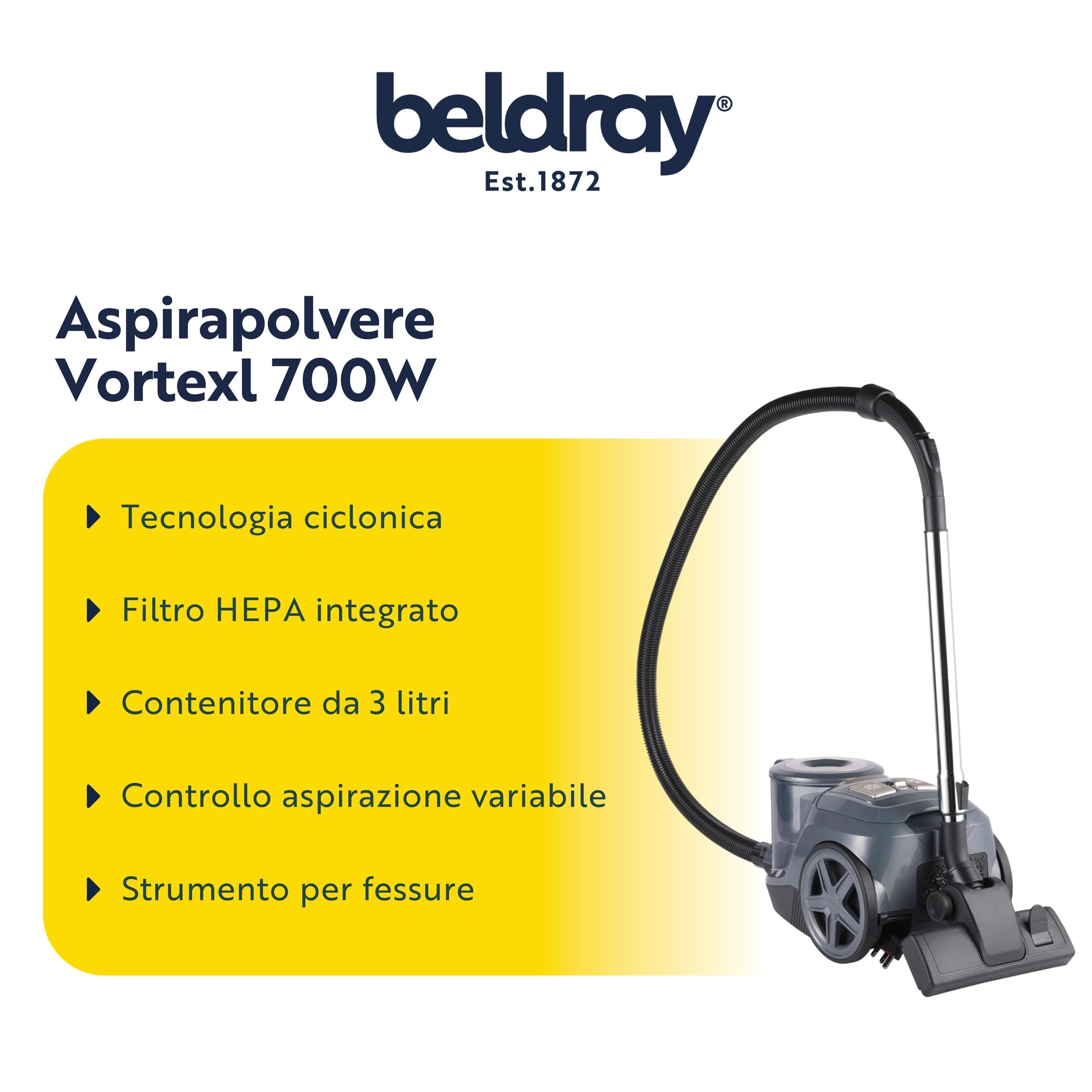 Beldray BEL01797VDE VORTEXL Odkurzacz cylindryczny — odkurzacz bezworkowy 3 l, filtr HEPA, ssawka szczelinowa/szczotka, glebokie czyszczenie, technologia cyklonowa, regulator sily ssania, 700 W