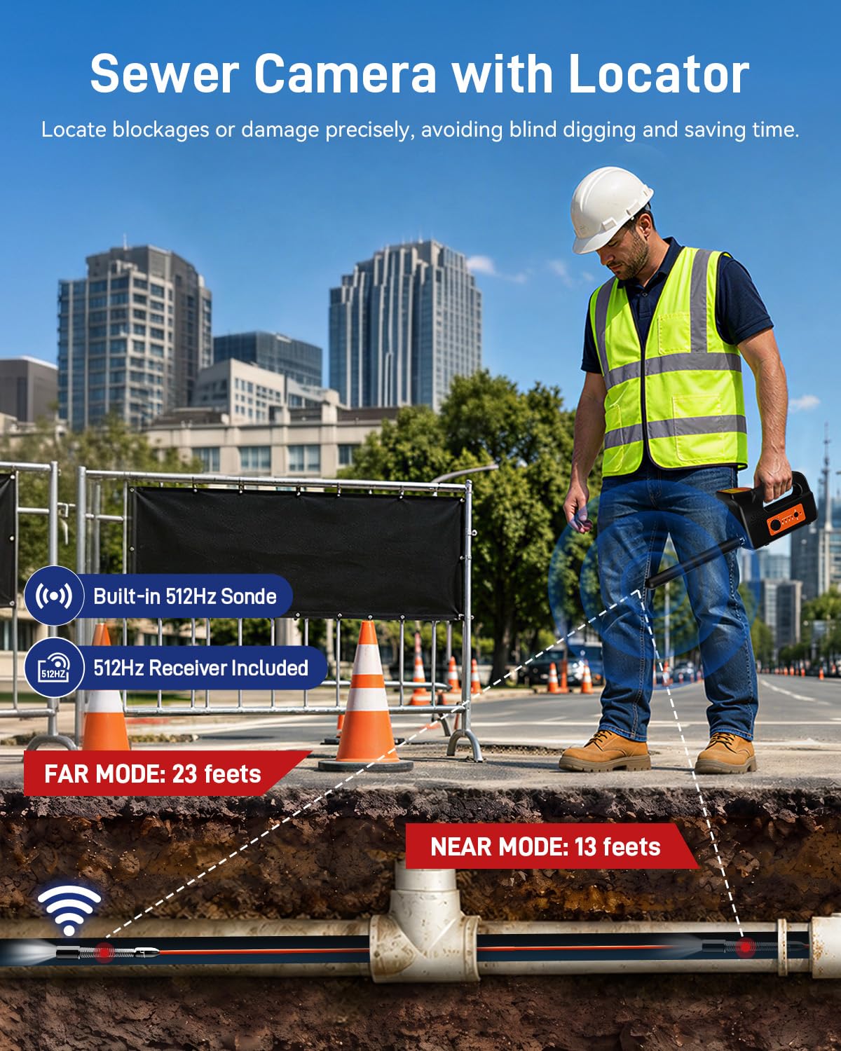 9" Sewer Camera with Locator, 512Hz Sonde Plumbing Pipe Inspection Camera with Lights, Drain Camera with Self-Leveling/Meter Counter/ 5X Zoom, IP68 Waterproof, HD Screen & DVR 32GB(164FT/50M)