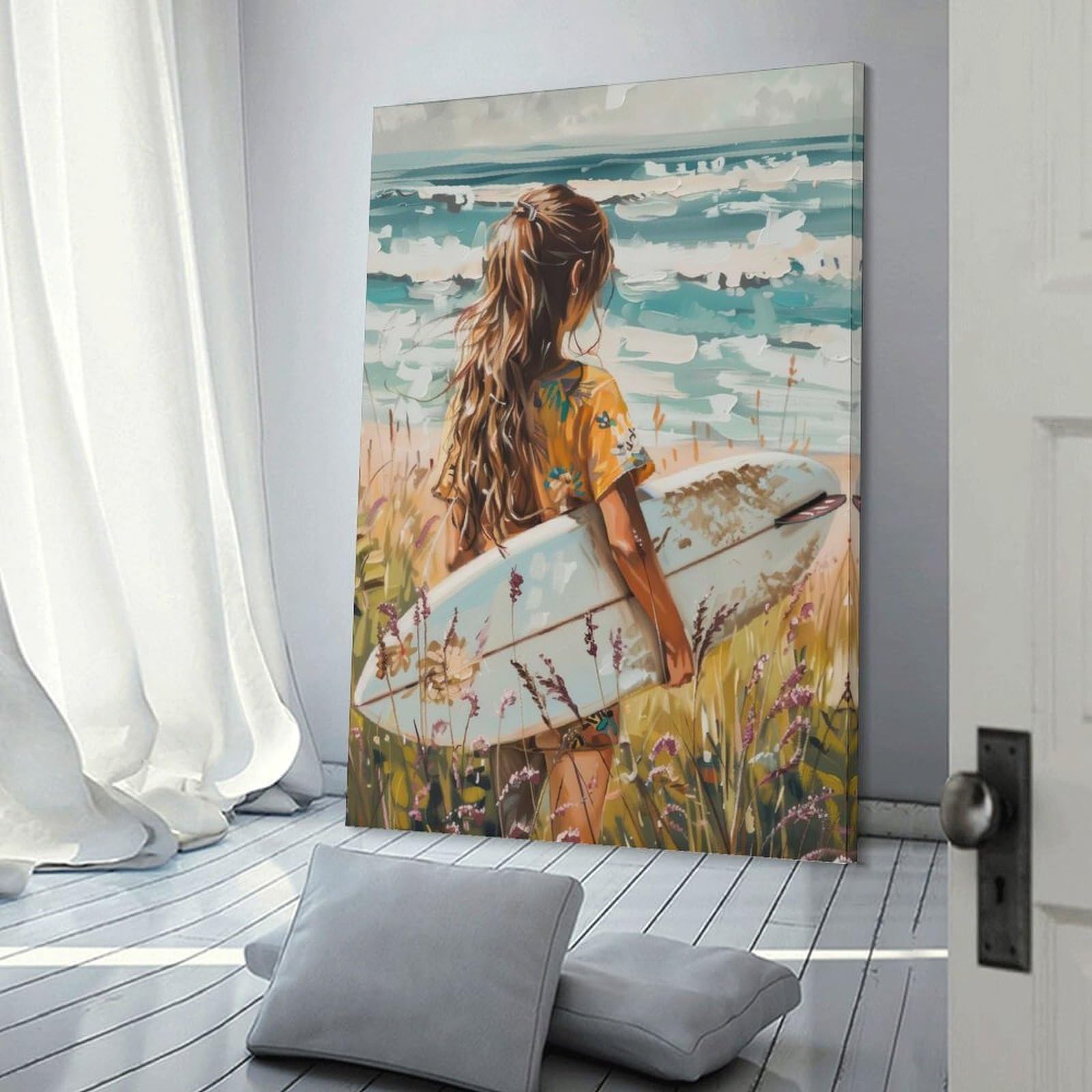 Junmoney Girls Frame-Style-21 Decorative Wall Artwork Surfer By The Sea, 12X18inch(30X45cm), For New Homes, Bedrooms Or Workspaces, Canvas Artwork With Gifting Potential