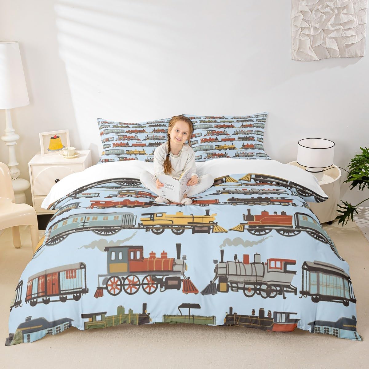 Train Duvet Cover Set King Size,Cartoon Choochoo Steam Engine Train Bedding Set,Boys Girls Room Decor,Railway Transportation Vehicle Comforter Cover,Blue boho Quilt Cover,2 Pillowcases(No Comforter)