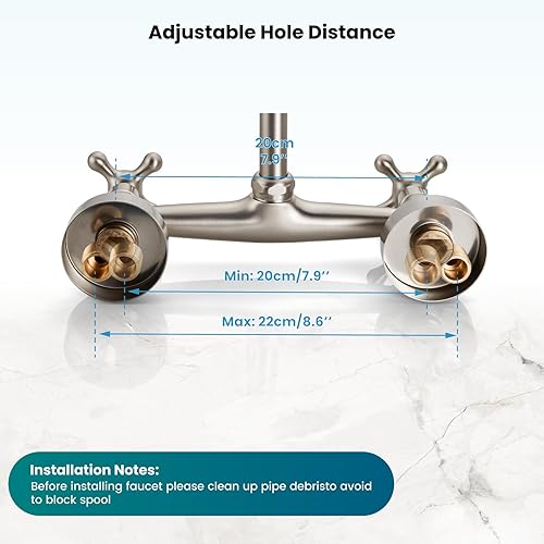 Miniatura 5 de gotonovo Grifo de montaje en pared de níquel cepillado de 8 pulgadas, 2 pomos cruzados, mango victoriano comercial con boquilla de 9 pulgadas