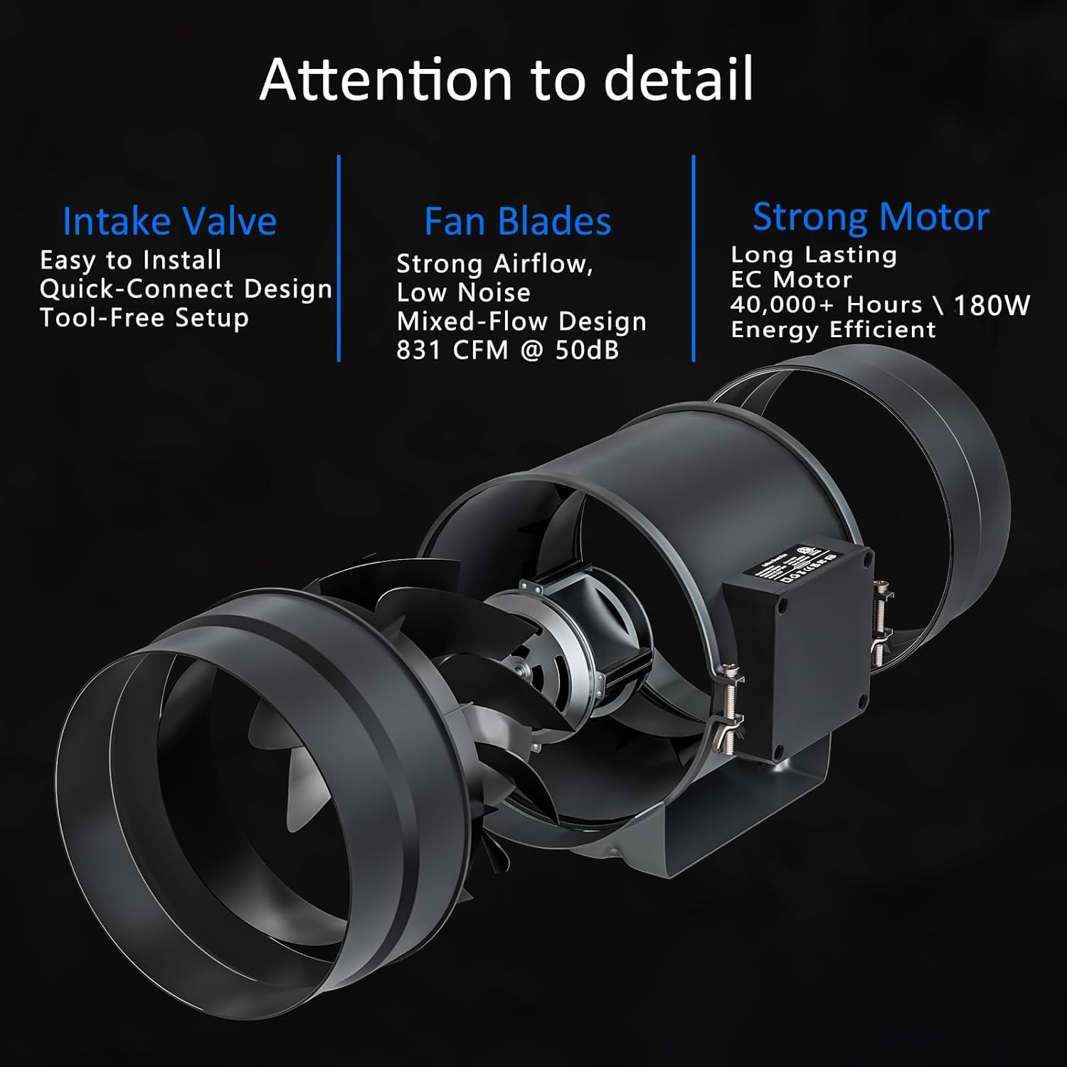Toolazy 8 Inch Inline Duct Fan 831 CFM, EC Motor Vent Booster Exhaust Fan with 0-100% Variable Speed Controller, Ventilation Fan for Grow Tent, HVAC, Basement, Workshop, Garage, Commercial Space