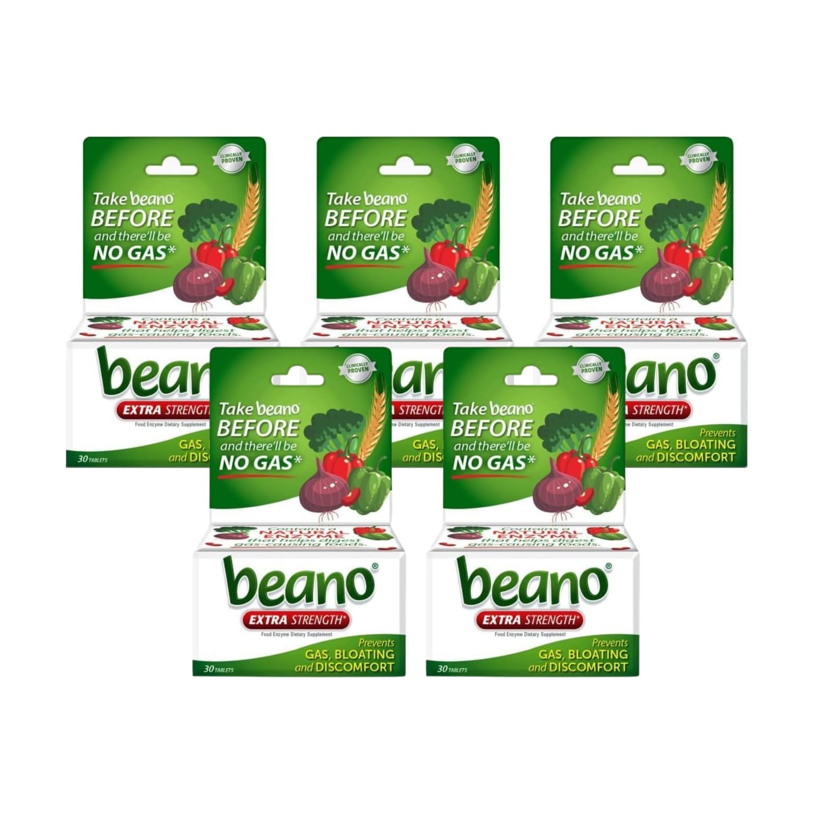 Beano Extra Strength, Gas Prevention & Digestive Enzyme Supplement, 30 Count (Pack of 5)