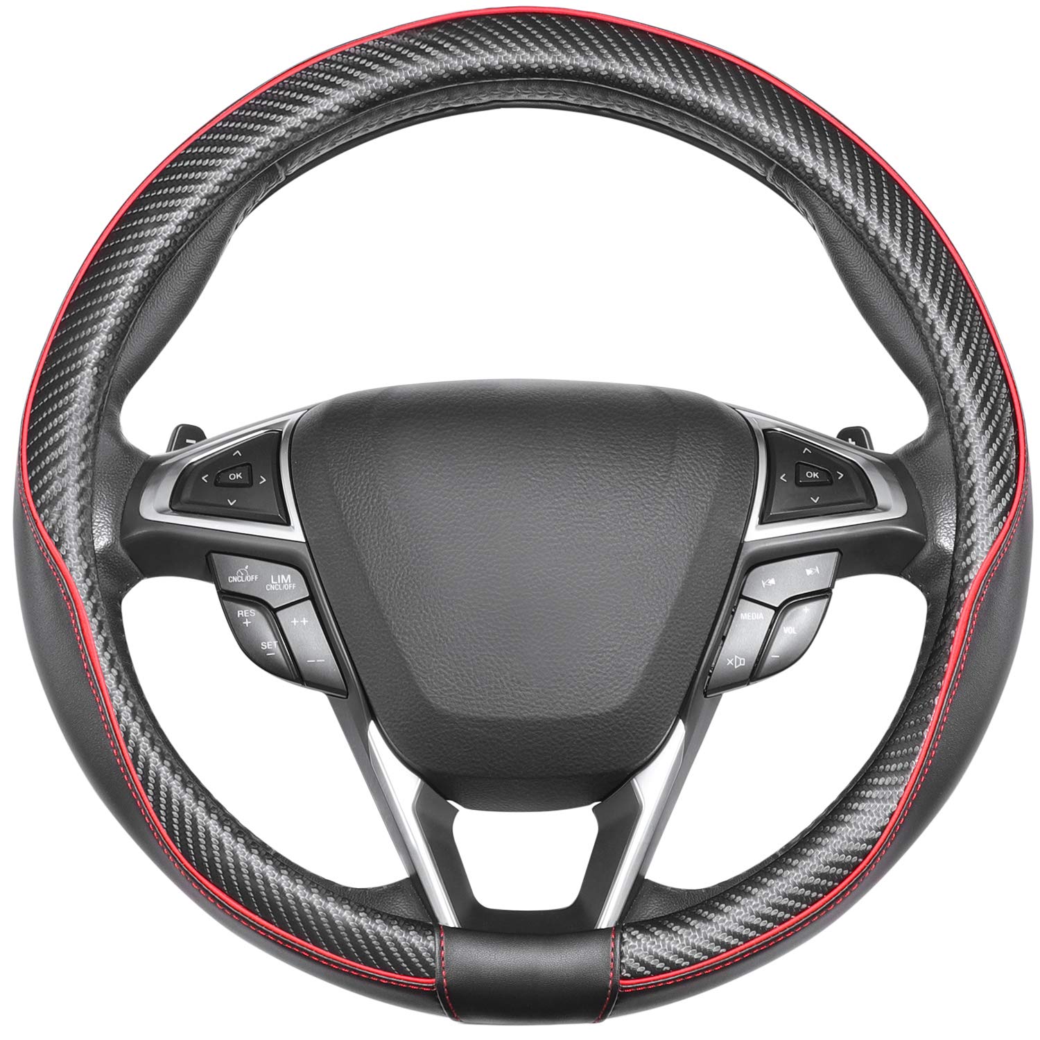 SEG Direct Car Steering Wheel Cover Universal Standard-Size 14 1/2"-15" Leather with Carbon Fiber Pattern Black and Red