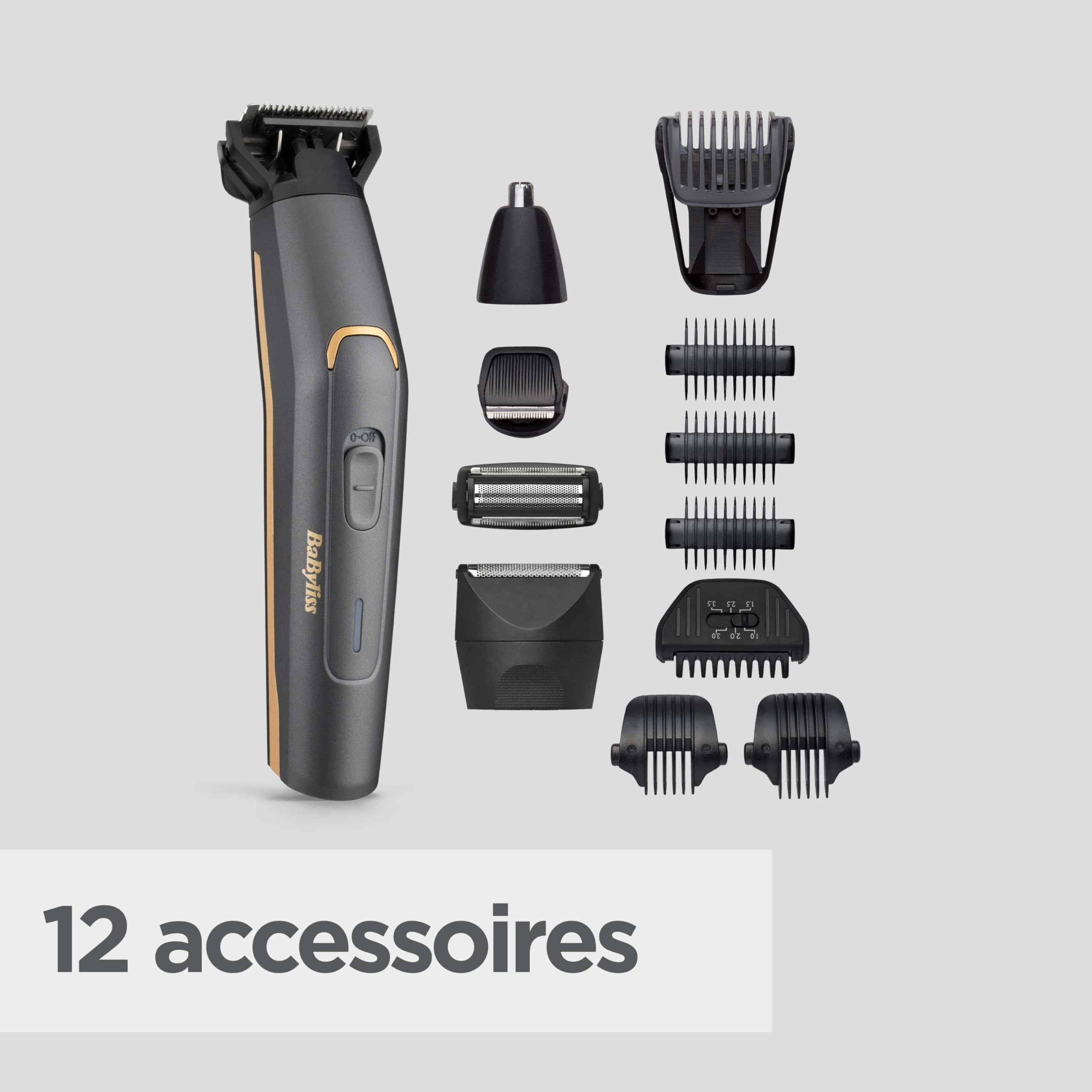 BaByliss MT987E Multi-Trimmer Graphite Precision 12 in 1, Cordless, Testina di precisione, Testina corpo, Testina barba, Testina naso/orecchie, Testina rasatura