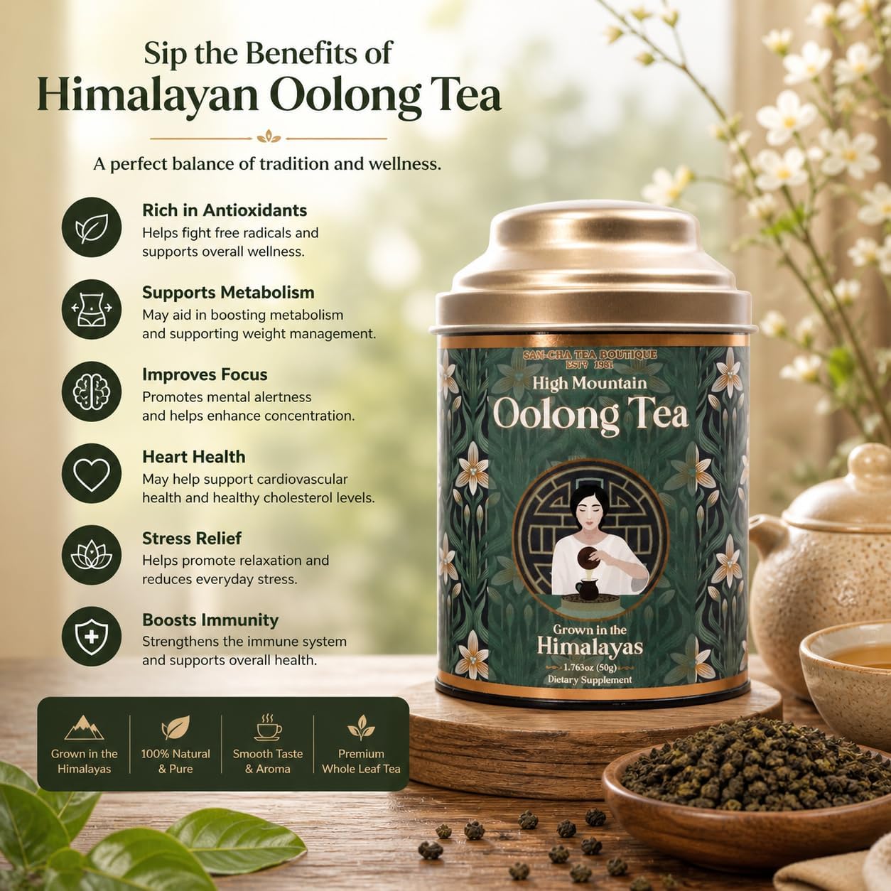 Sancha Tea Boutique Oolong Tee 50g Ganzblatt-Oolong-Tee geerntet im Himalaya magerer Tee