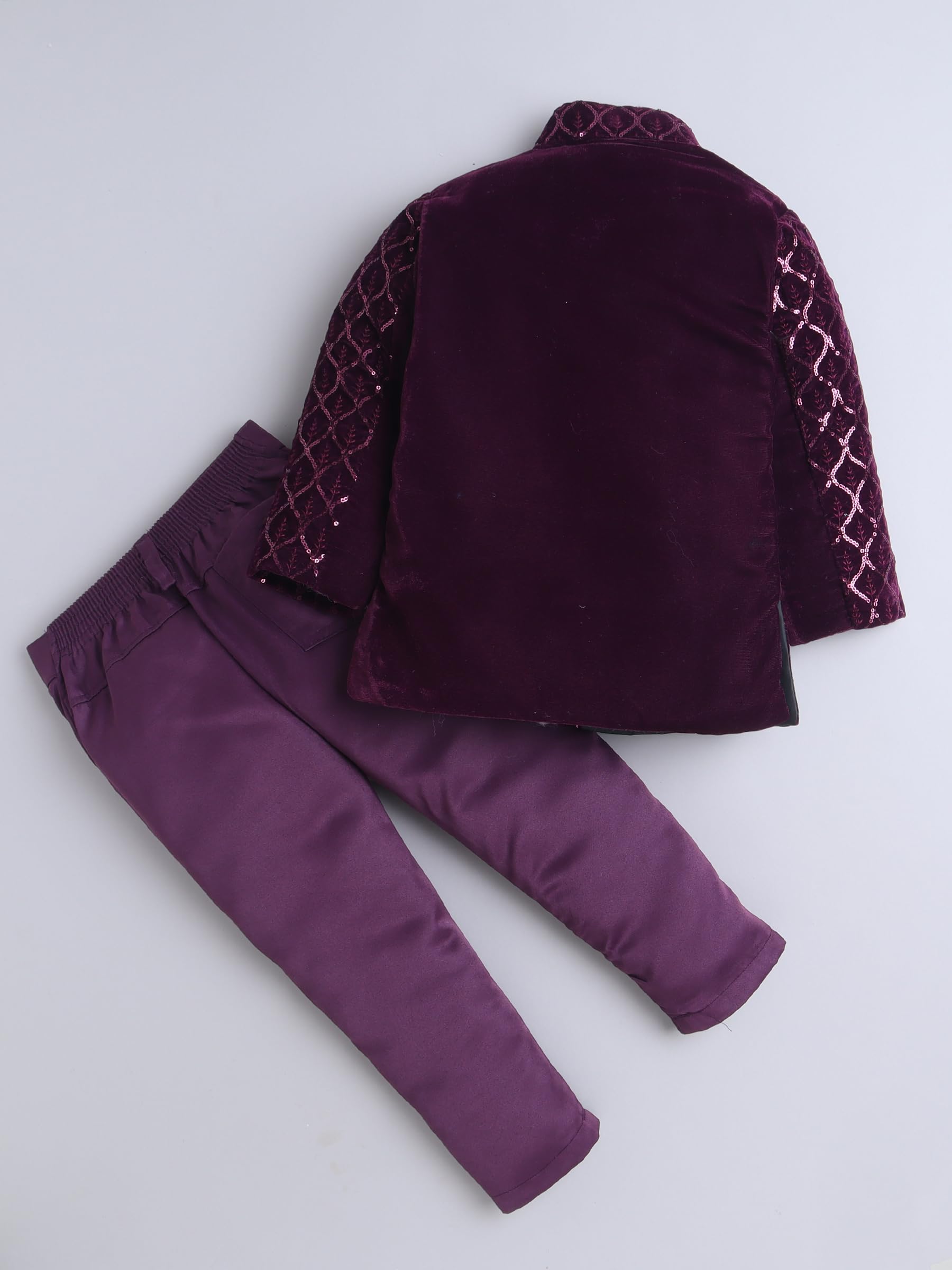 FOURFOLDS Boys Velvet Leaf Motifs Sequined Jodhpuri Blazer & Trouser Set- Wine 1