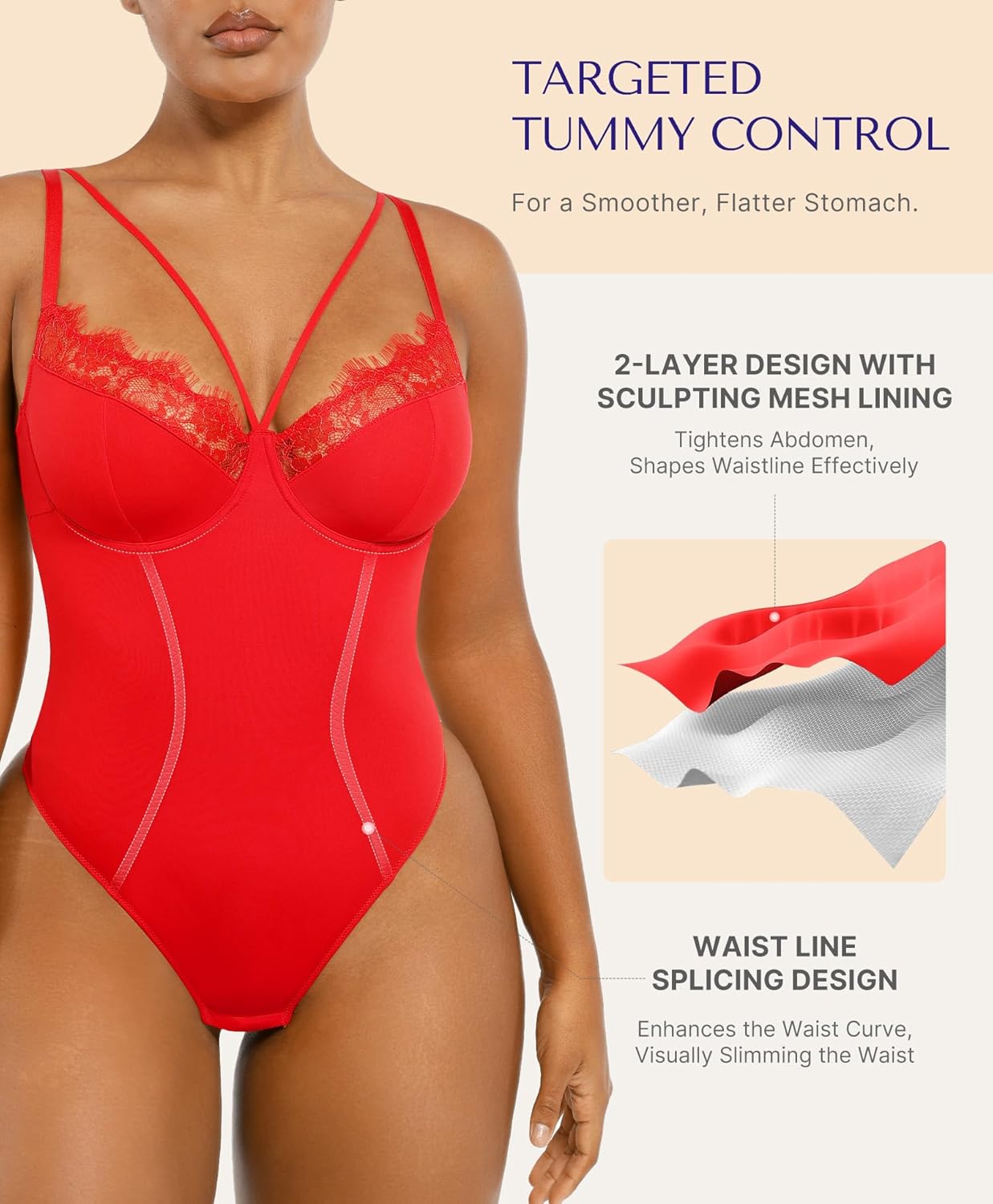 SHAPELLX Women's Shapewear Lace Bodysuit Tummy Control Body Suits Waist Sculpting V Neck Thong Corset Tops - Image 4