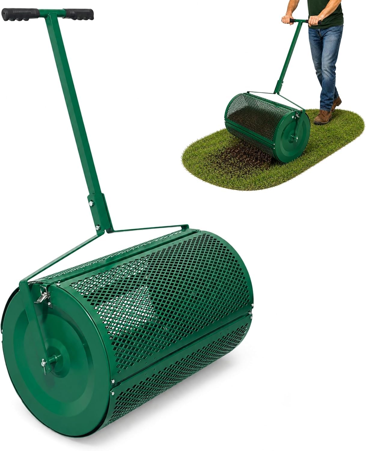 DIVCHI 24" Steel Compost Spreader Roller – Lawn Peat Moss & Topsoil Spreader for Grass Seed, Manure & Fertiliser, Heavy Duty Garden Lawn Care Tool with Mesh Drum for Even Distribution