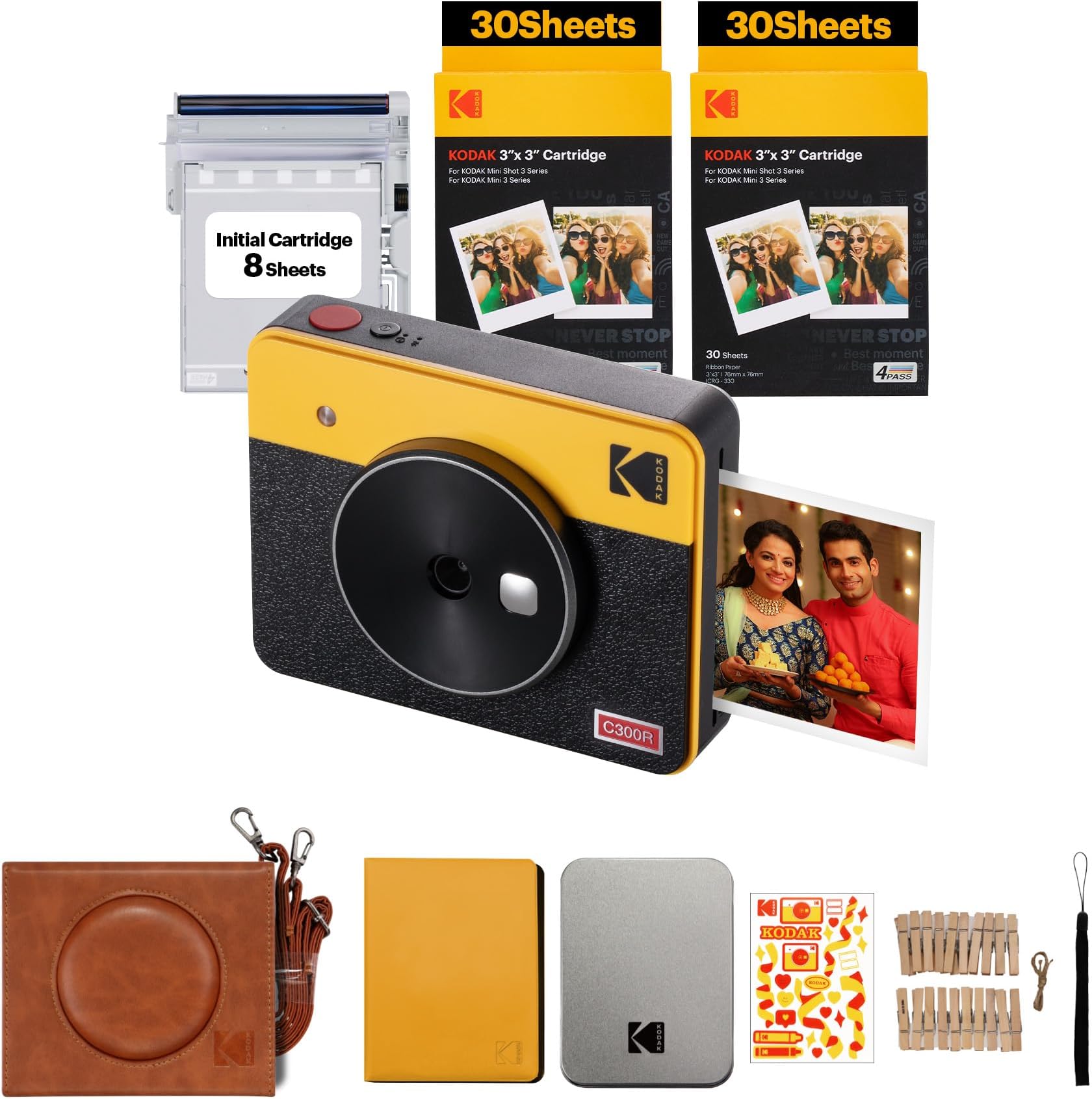 Mini Shot 3 Retro 4PASS 2-in-1 Instant Camera and Photo Printer (3x3 inches) + 68 Sheets Gift Bundle, Yellow