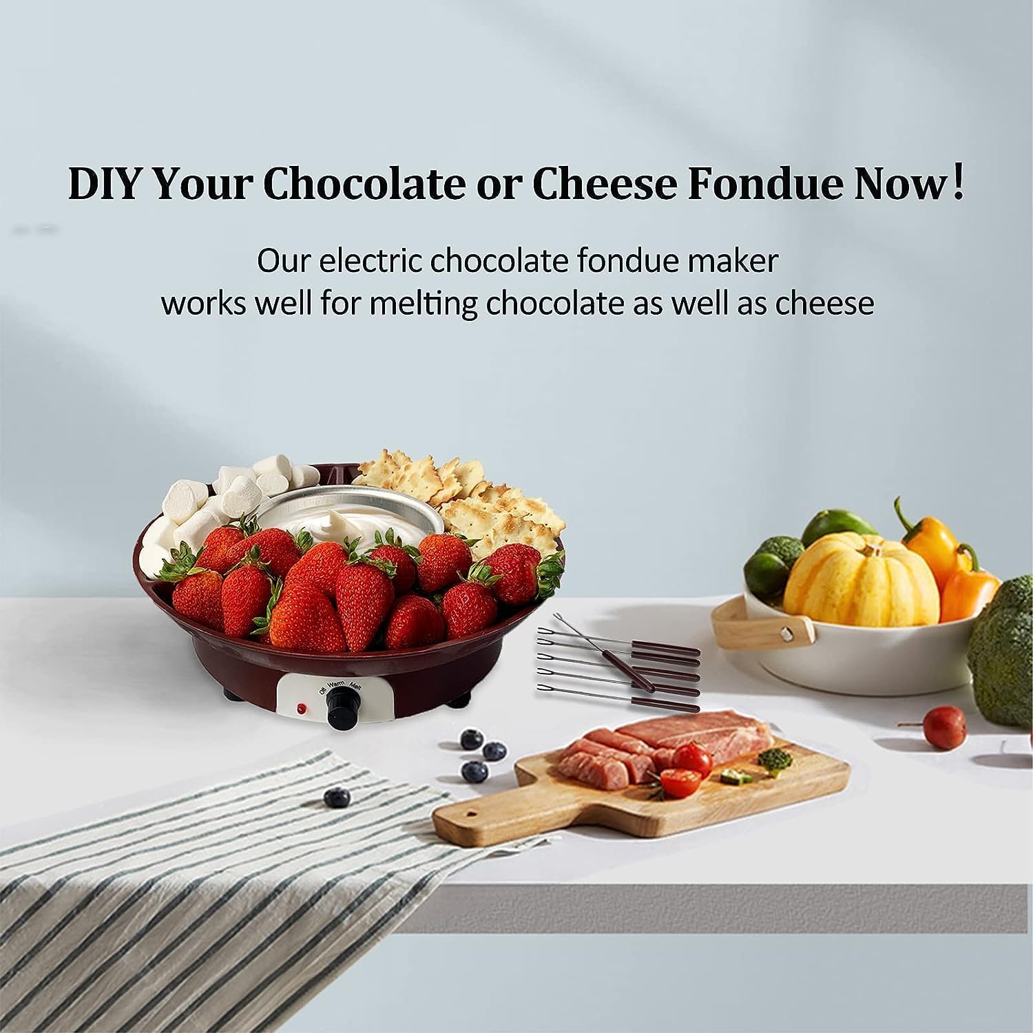 KINZILLA Electric Fondue Pot Set for Chocolate Cheese Marshmallows Melts Mini Fondue Set with Removable Iron Pot for Caramel Sauces Christmas Gifts for Women Kids Girls 4