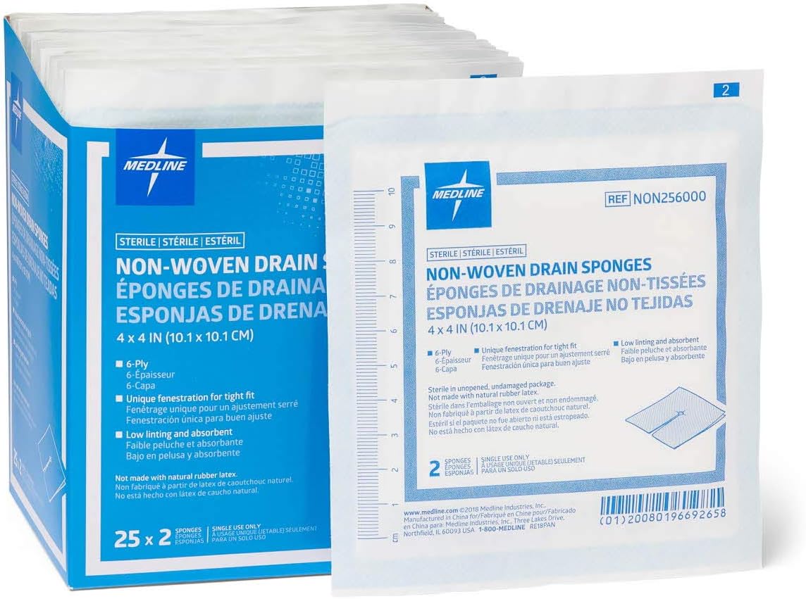 Medline Nonwoven Drain Sponges, Sterile, 6-Ply Gauze, 4" x 4", 2 Count (Pack of 300)