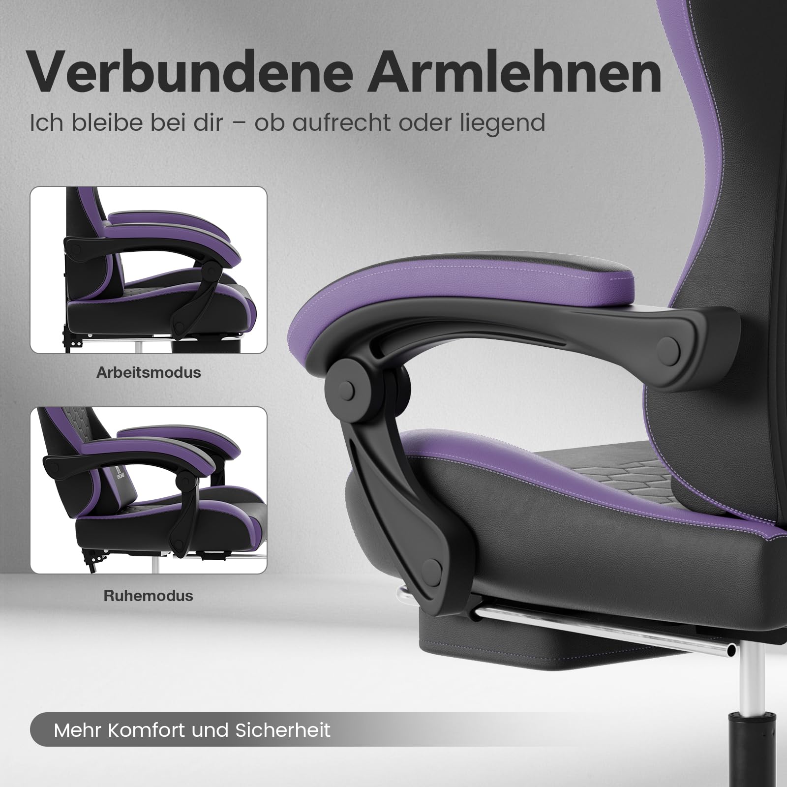 Gaming Stuhl Ergonomisch Gamer Stuhl mit Fußstütze Kopfstütze und Massage Lendenstütze Racing Gaming Chair mit Höhenverstellbaren Gamingsessel 135° neigbar 150 KG SchwarzLila