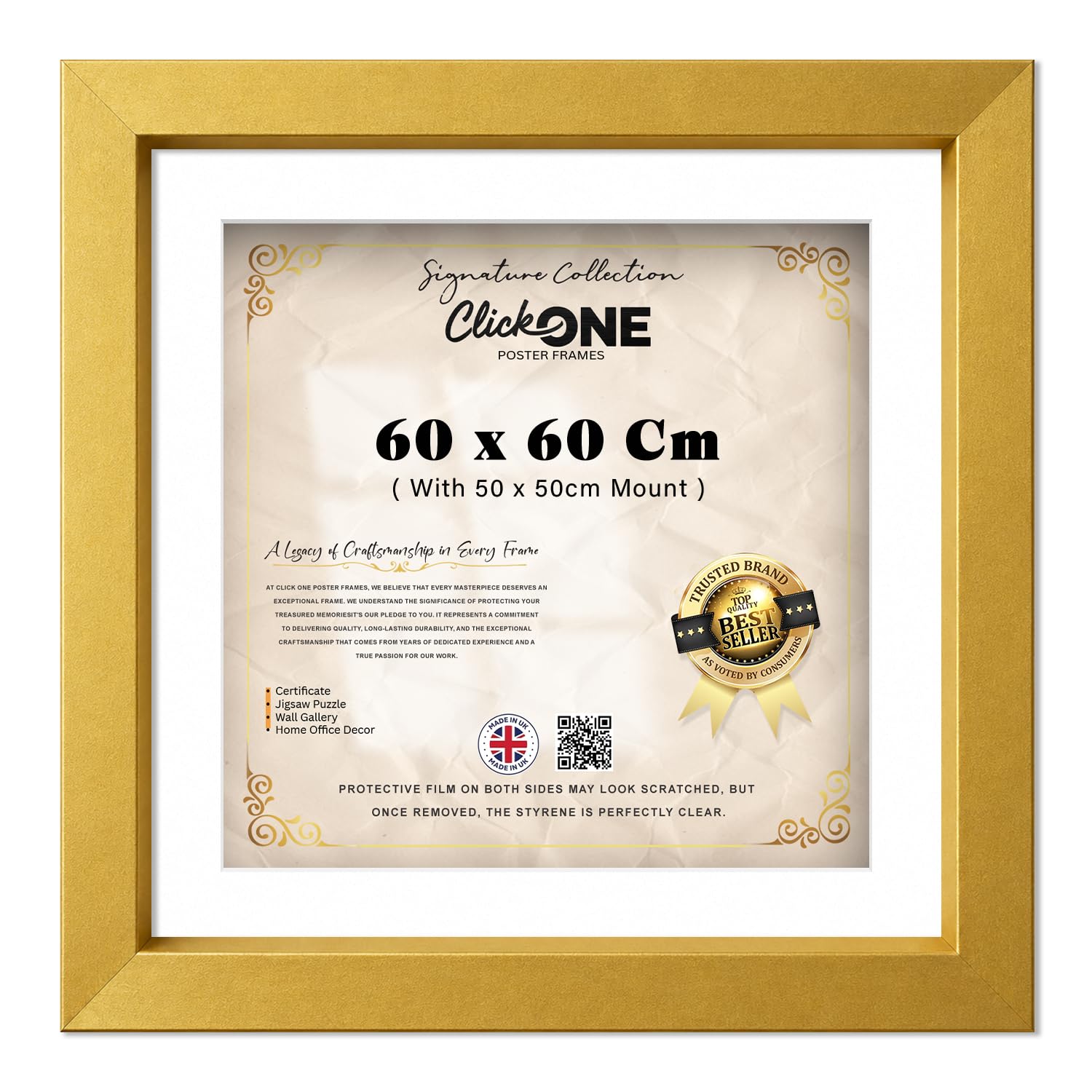 Click One — Stunning Square Contemporary Engineered Wood Grain Poster Frame (60 X 60 Cm) With 50 X 50 Cm White Mount, 24 X 24 Inch Portrait—Landscape Display With Styrene Sheet | Gold Finish