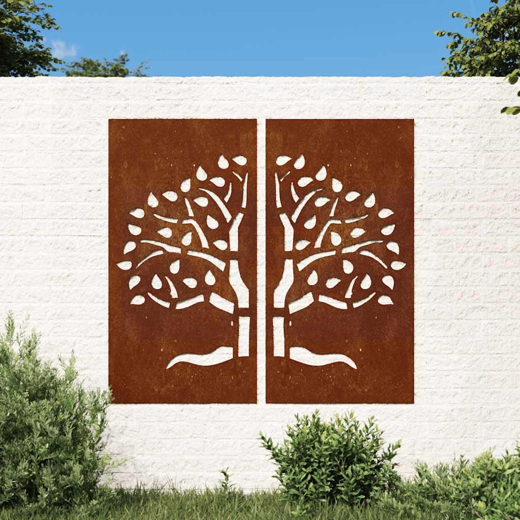 Adorno Pared jardín 2 uds Acero corten diseño árbol 105x55 cm, Casa y jardín Decoración Obras de Arte Carteles, copias y Arte Visual, Marrón, 4.43kg
