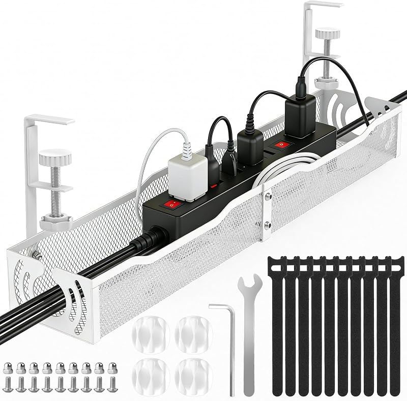 Gestión de cables, bandeja de gestión de cables debajo del escritorio de 25,3'' sin taladro | Organizador de cables de metal con abrazadera para gestión de cables, organizador de cables para oficina en casa, organizador de accesorios de escritorio, blanco
