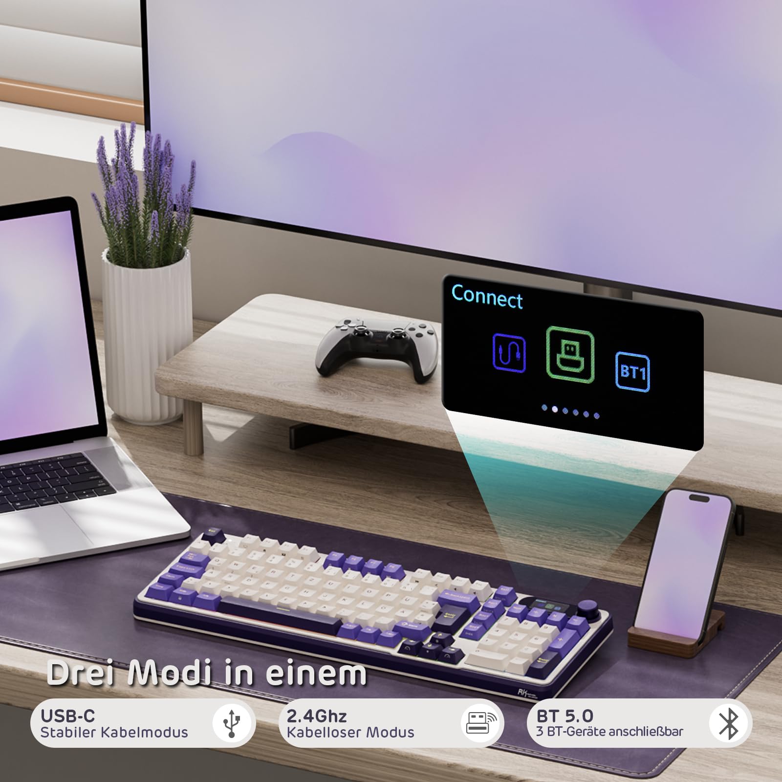 RK ROYAL KLUDGE Teclado mecánico S98 DE con pantalla inteligente y botón, Top Mount 96% Teclado mecánico inalámbrico BT/2.4G/USB-C, compatible con software intercambiable en caliente, 98 teclas