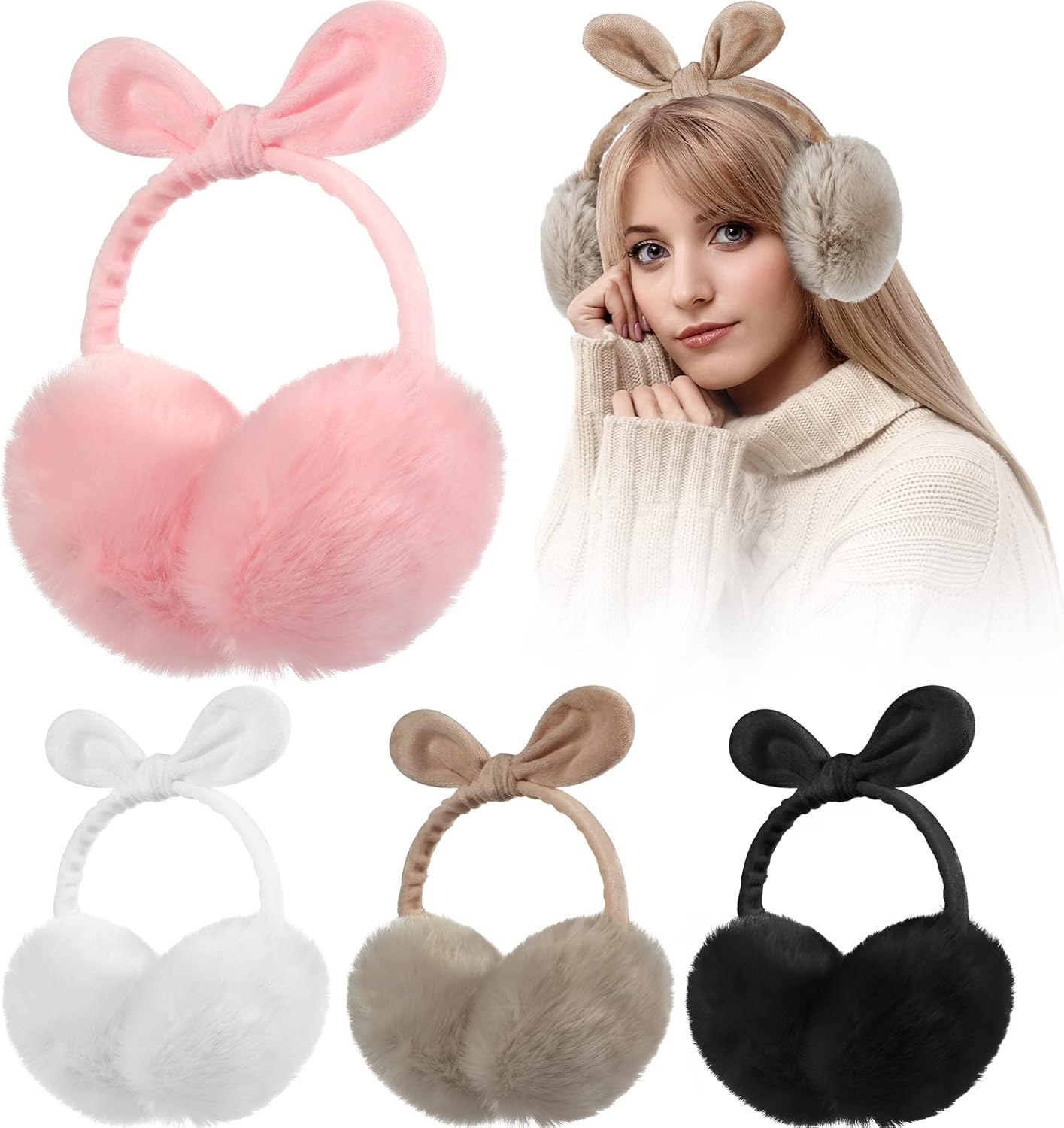 JaGely 4 Pieces Winter Ear Muffs Cute Bow Faux Fur Ear Warmers Ski Adjustable Ear