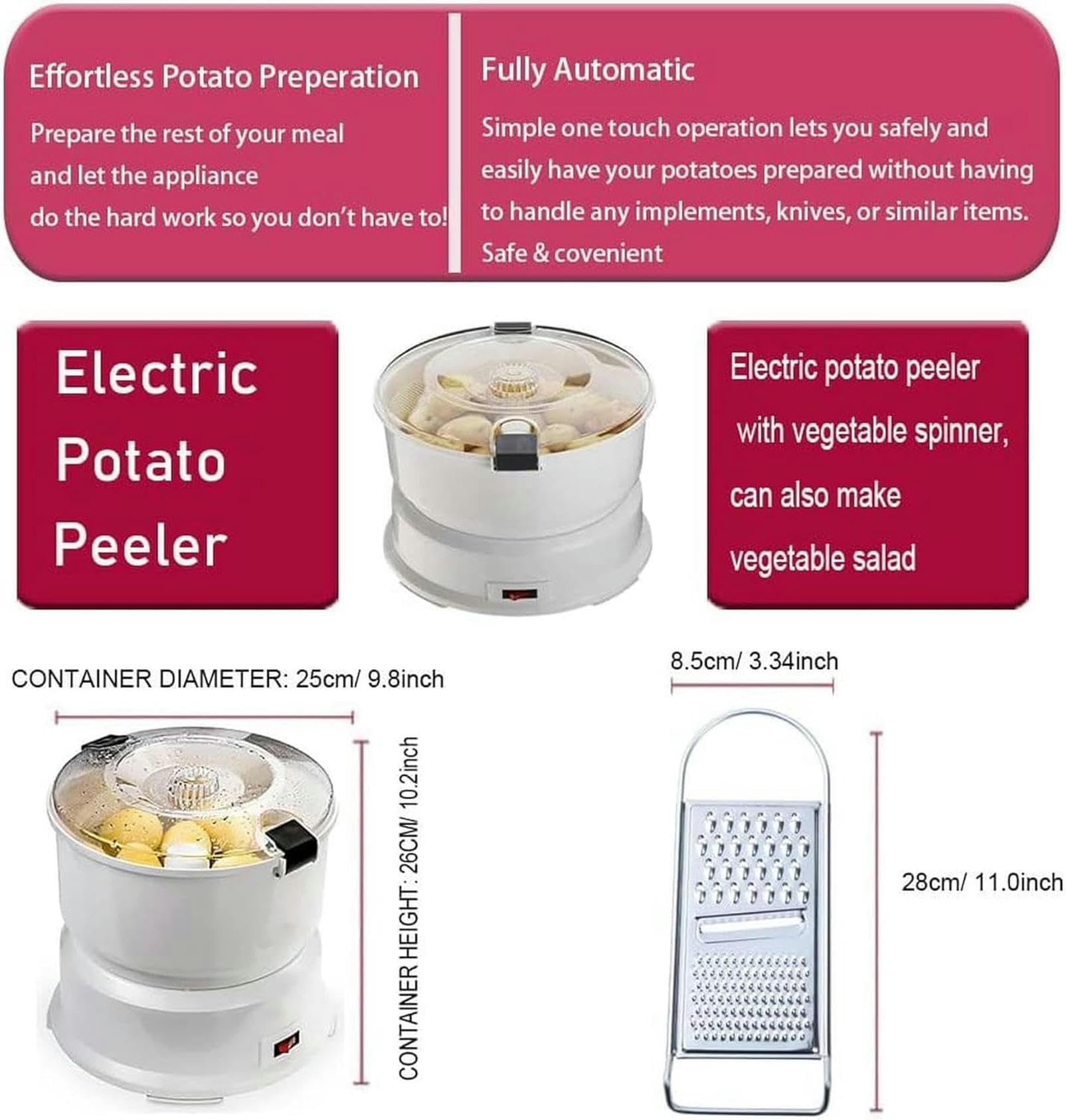 Pelapatate Elettrico, sbucciatrice Automatica con Blocco di Sicurezza, operazioni con Un Solo Tocco, rombo Anti-Sporco (capacità 1 kg) per Mele, Carote, Frutta