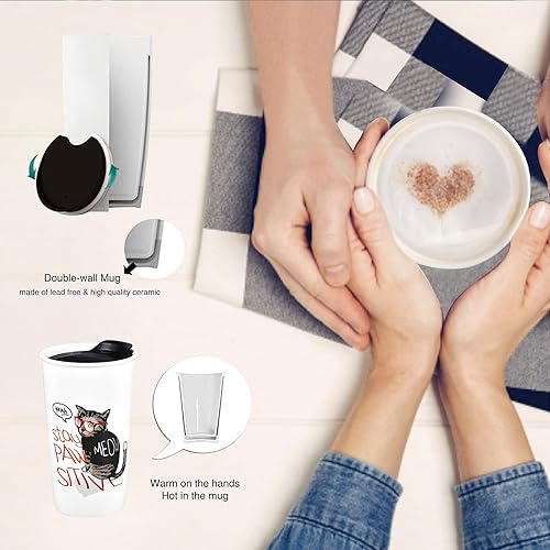 Miniatura 39 de Taza de café de viaje de cerámica, 12 onzas, portátil, taza de viaje con tapa, taza alta de doble pared, vaso para llevar para portavasos de NewDay