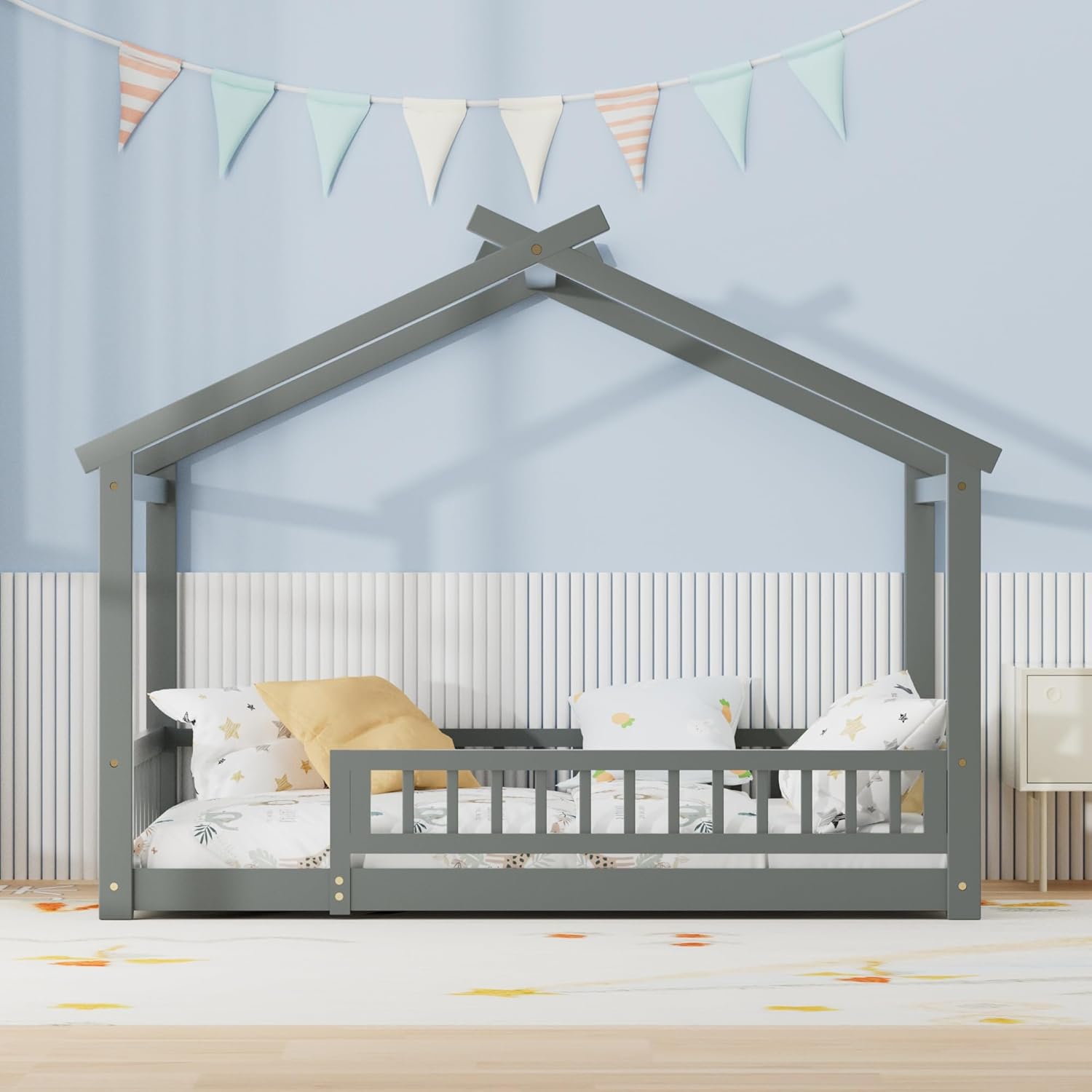 Twin Floor Bed with Guardrails & Roof, Wooden Montessori Beds with Slats Support, House Floor Bed Frame for Boys Girls, No Box Spring Needed, Grey