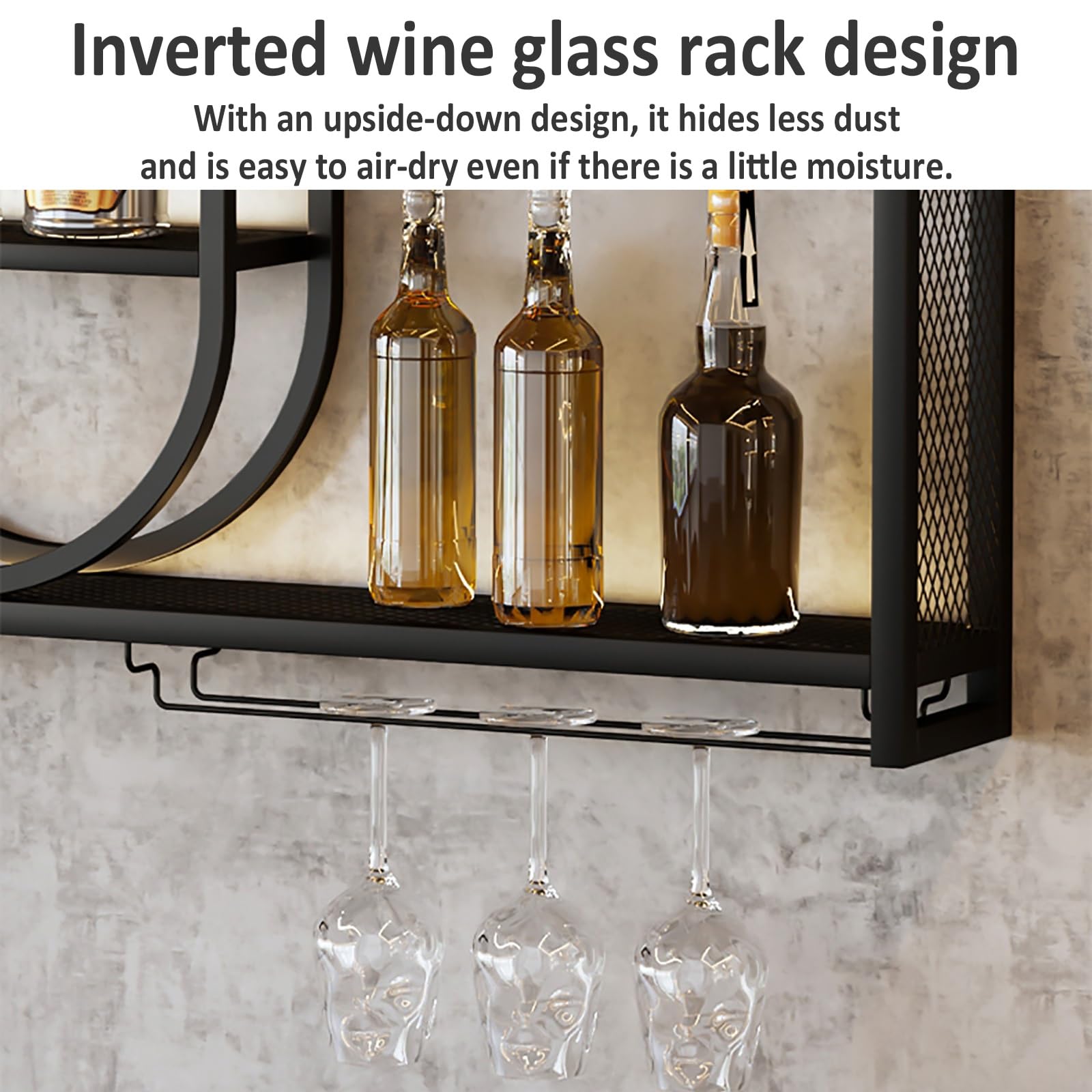 Estante de vino montado en la pared con luz LED, estantes flotantes de 3 niveles para exhibición de botellas de licor y soporte para copas de vino, almacenamiento elegante para bar en casa