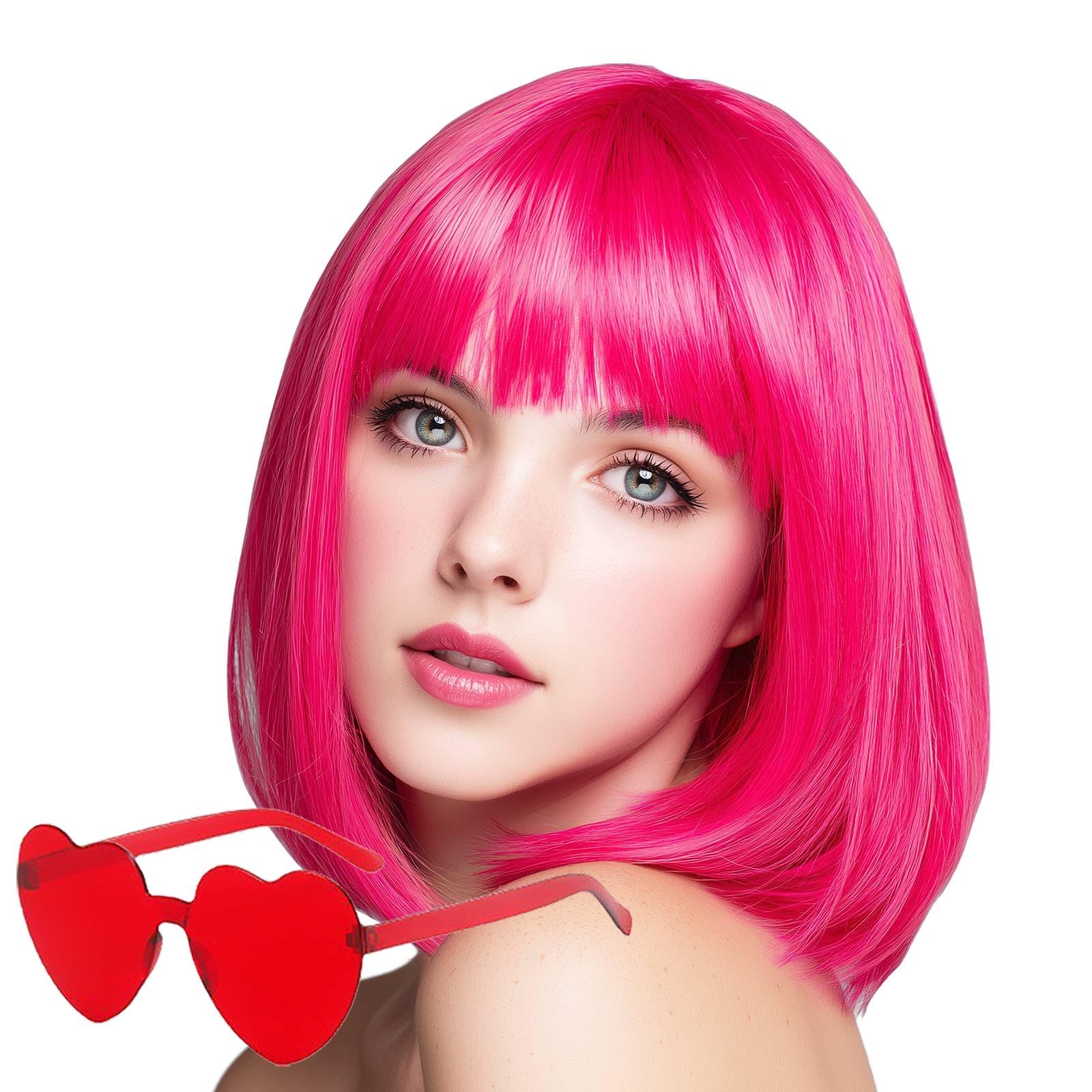 VCAY Bob Wig, 12 Inch Short Hot Pink Bob Wig with Bangs,Straight Cosplay Wig,Heat Resistant,Adjustable Straps Wigs for Women Girl with Wig Cap