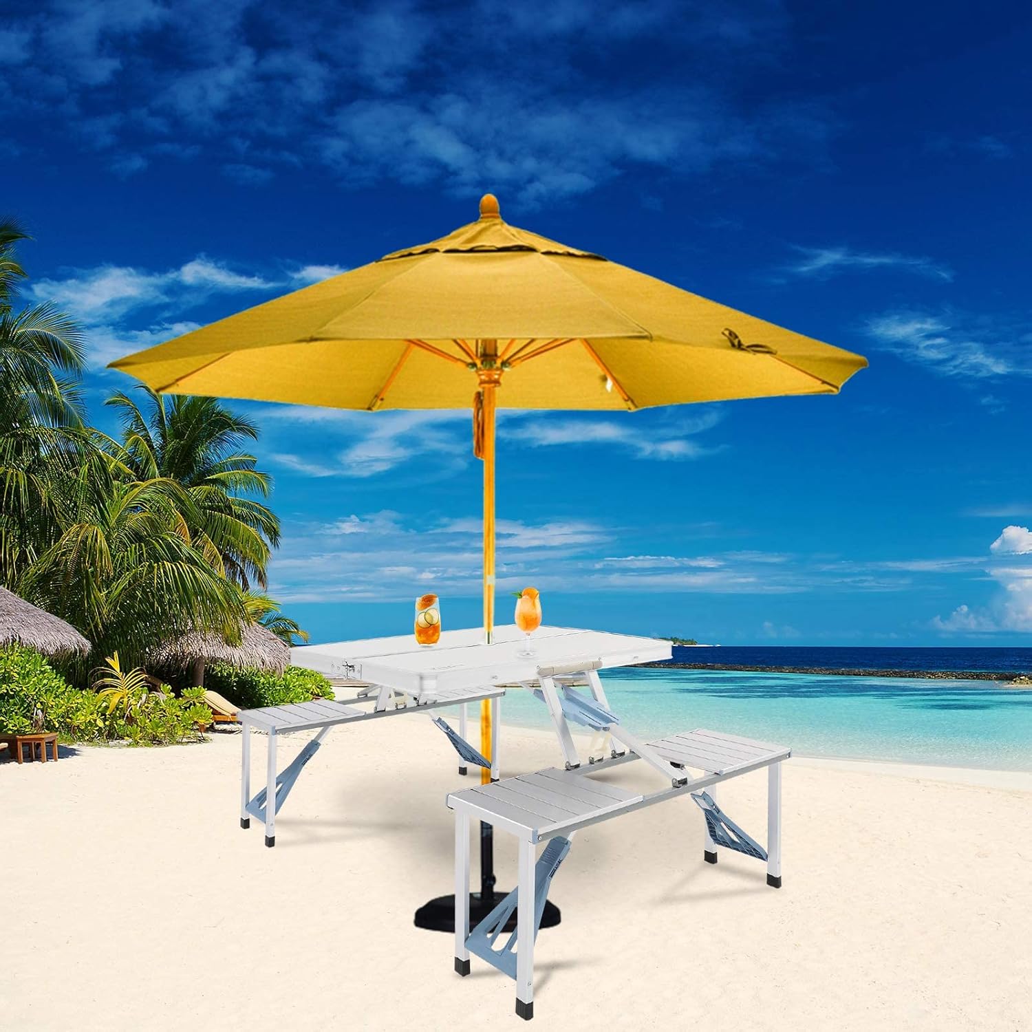 VINGLI Folding Camping Picnic Table with 4 Seats with Patio Umbrella Hole, Portable Table Aluminum Alloy Frame with Soft Handle for Barbecue, Travel, Outing, Gathering : Patio, Lawn & Garden