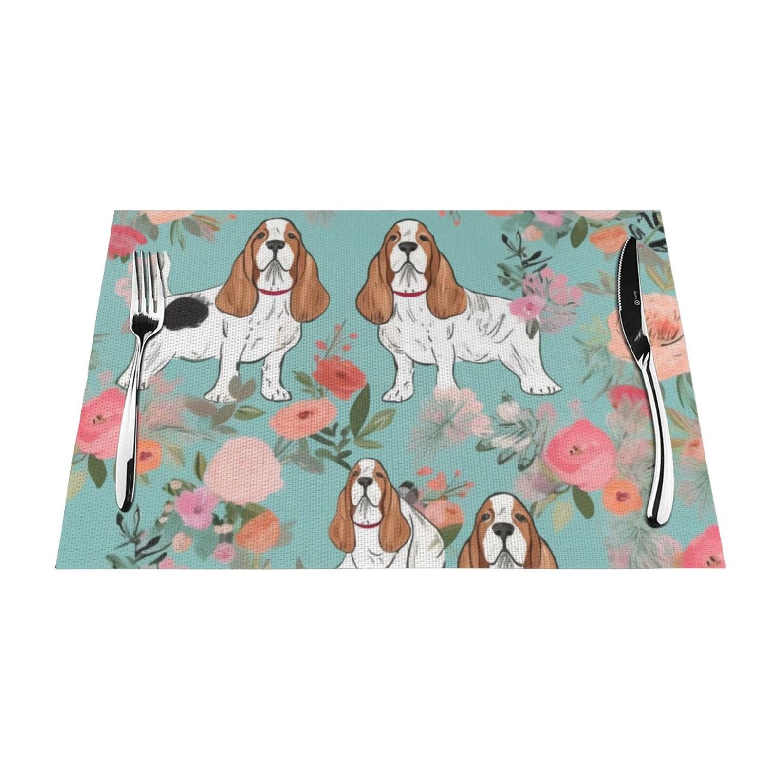 Sweet Basset Hound Florals Printed PVC Placemat 4 PCS for Kitchen Dining Table Heat-resistand Washable Table Mats 18x12 in