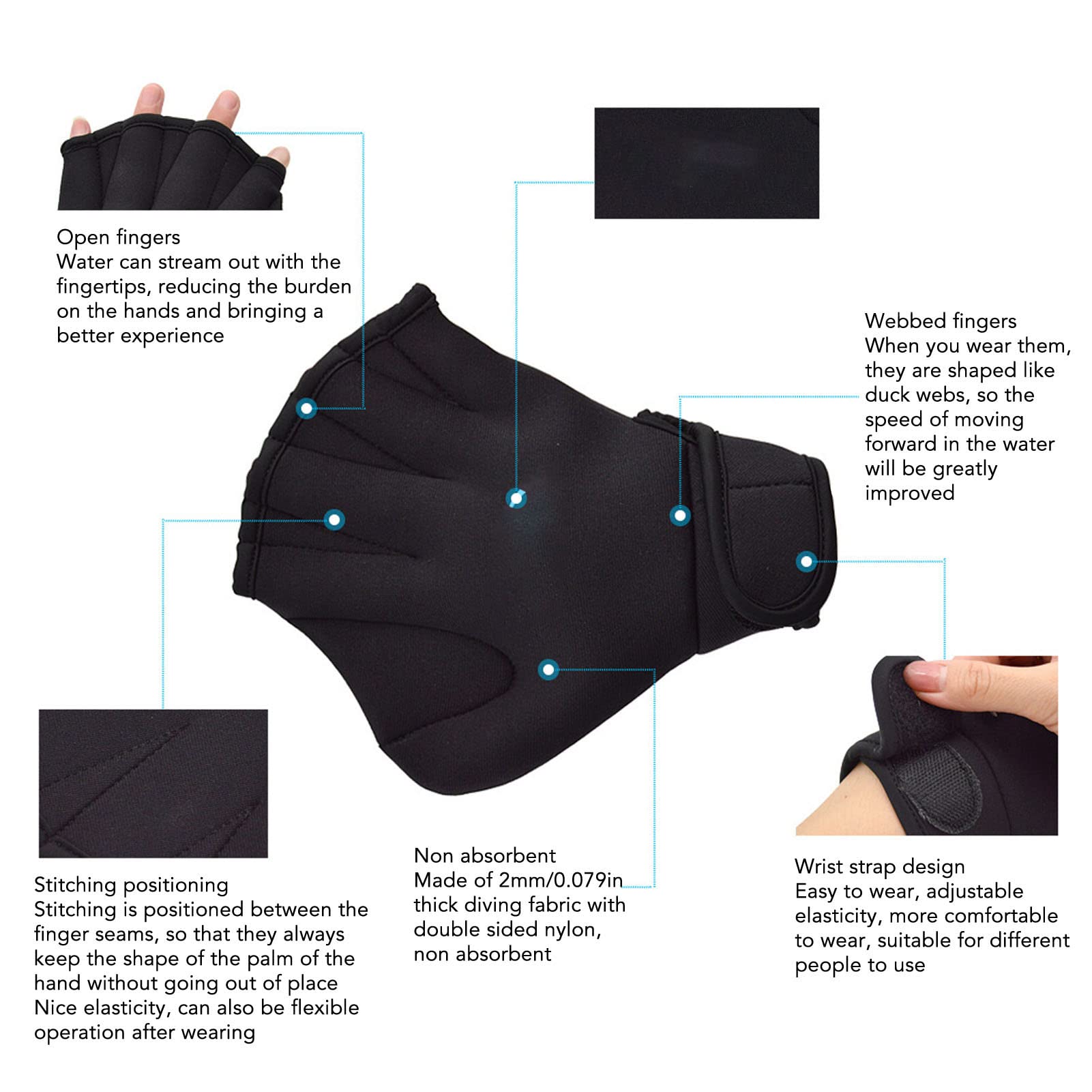 Pilipane Adjust Open Fingers Swimming Webbed Gloves, Improve Underwater Speed and Save Energy in Black(L)