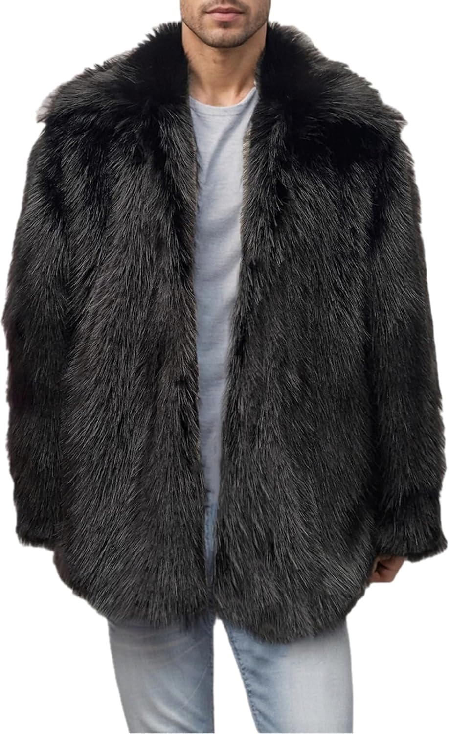 Colf Men's Winter Parka Coat Lapel Faux Fur Jacket | Mens Faux Fur Coat, Long Sleeve, Fluffy Overcoat, Winter Jacket