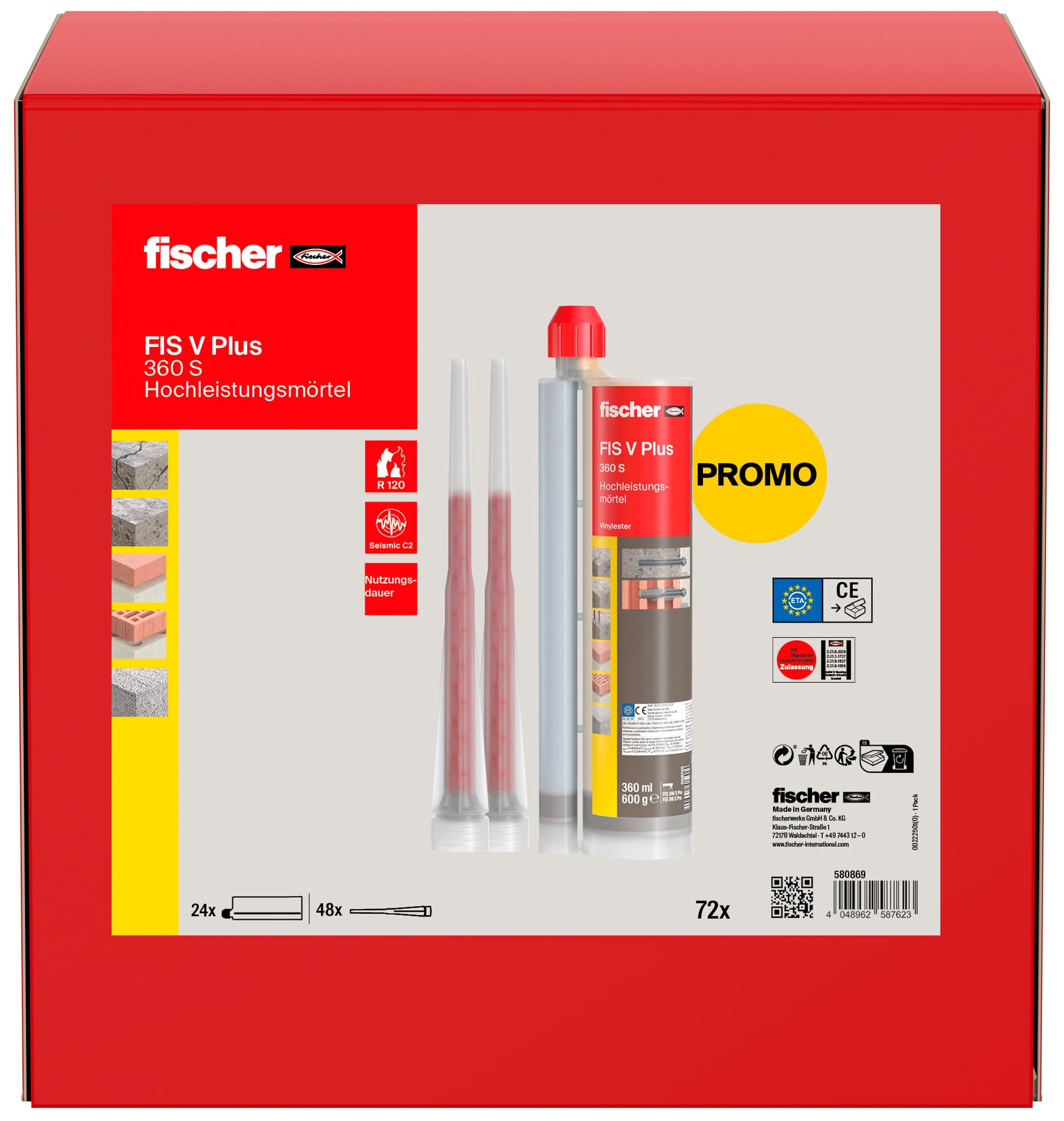 fischer Hochleistungsmörtel FIS V Plus 360 S im Umkarton, Injektionsmörtel mit ETA-Zulassung, für Beton und Mauerwerk, auch für wassergefüllte Bohrlöcher, 24 x 360 ml Kartuschen und 48 x Statikmischer