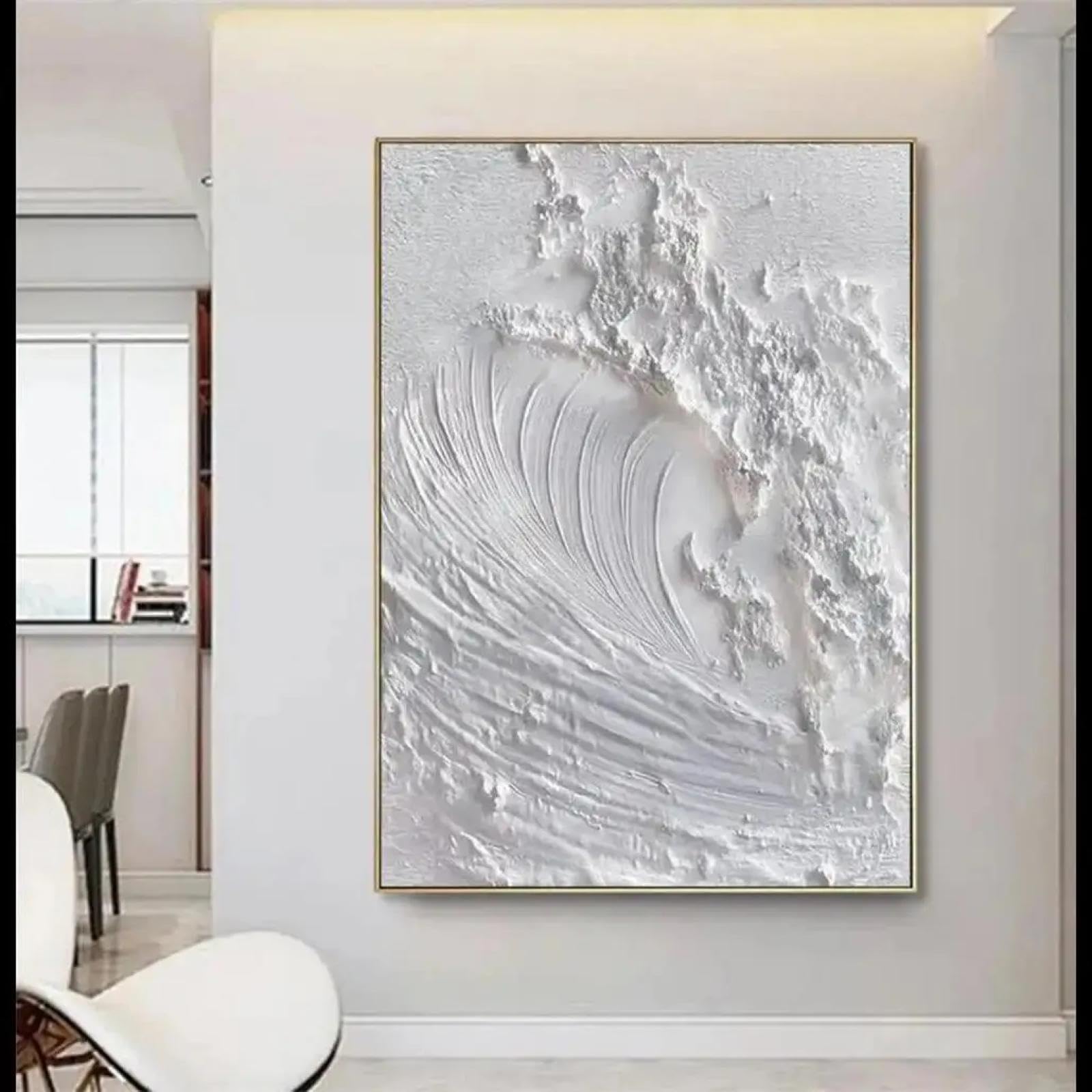 Kemeiqi Frameless White Abstract Minimalist Textured Wall Art Ocean Wave Beach Painting For Canvas Wabi Sabi Wall Decor For Living Room 70X140cm