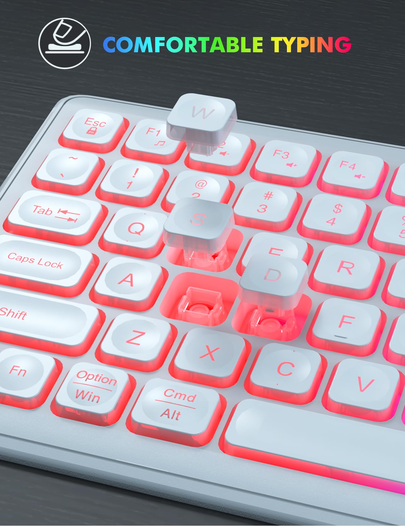Clavier et souris sans fil – Rétroéclairé RVB, lettres rechargeables et lumineuses, pleine taille, angle d'inclinaison ergonomique, mode veille, clavier silencieux 2,4 GHz pour Mac, Windows,