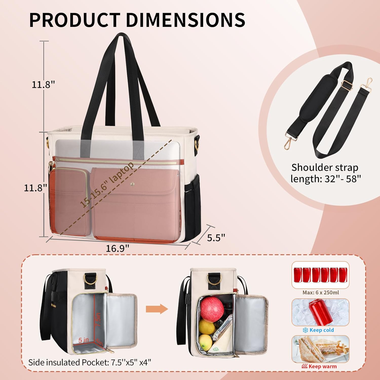 ESTARER Teacher Tote Bag for Women 2Pcs,15.6'' Laptop Work Bag Computer Bag w/File Folder & Insulated Pocket, Large Water-resistant Messenger Shoulder Bag for Office/Travel/College,Black-Beige-Brown - Image 3