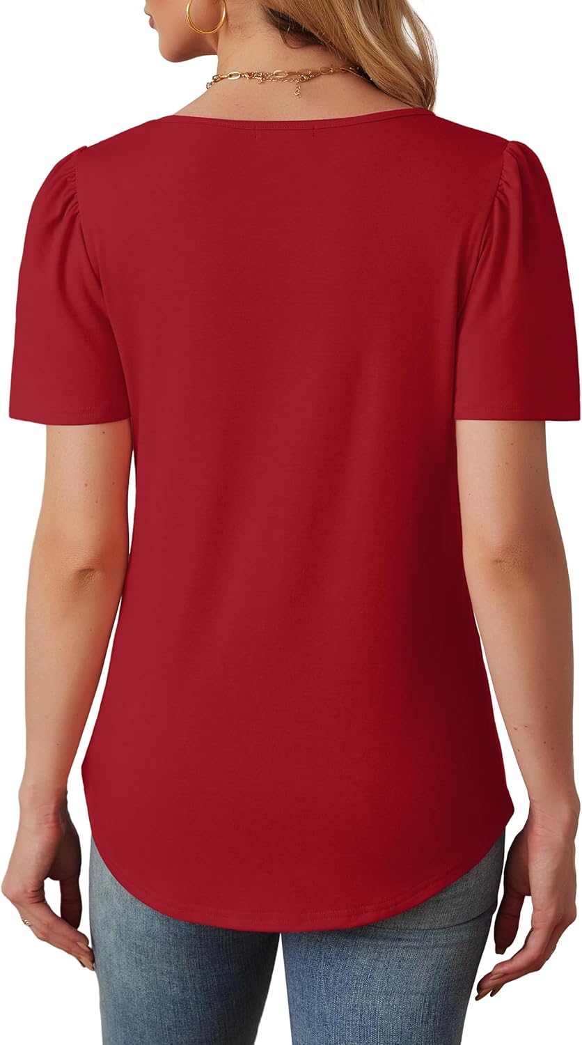 OFEEFAN Womens T Shirts Short Sleeve Tops Dressy Casual Blouses Spring Summer Outfits Flowy Pleated Front Scooped Neck - Image 5