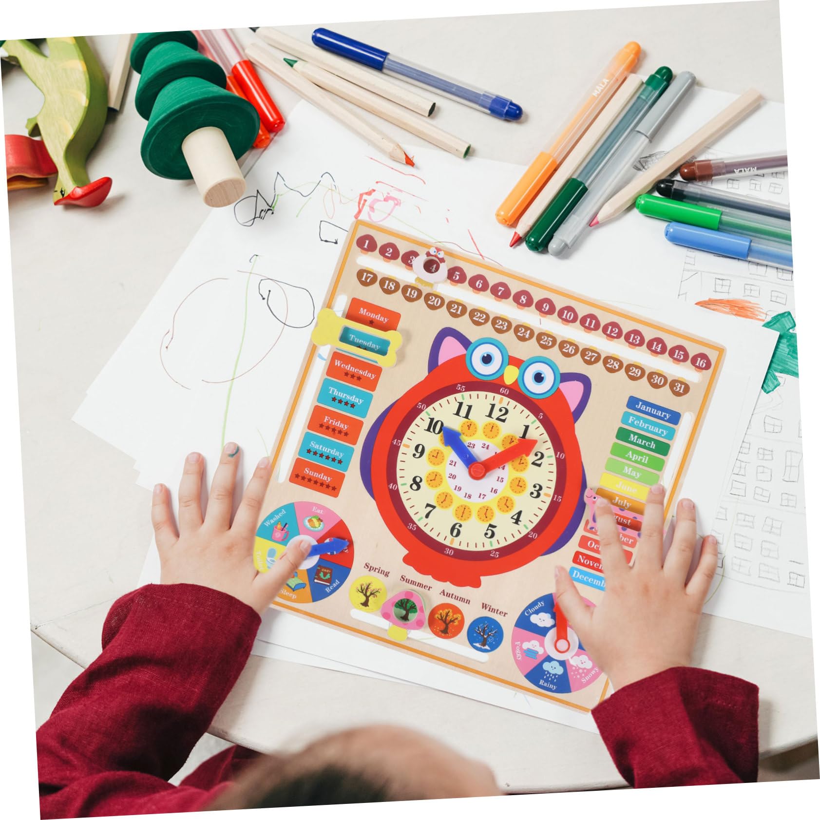 Reloj Educativo de Madera para Juguete Multifunción de Aprendizaje Estaciones Tablero de Reconocimiento de Colores y Números para Desarrollo Cognitivo Infantil