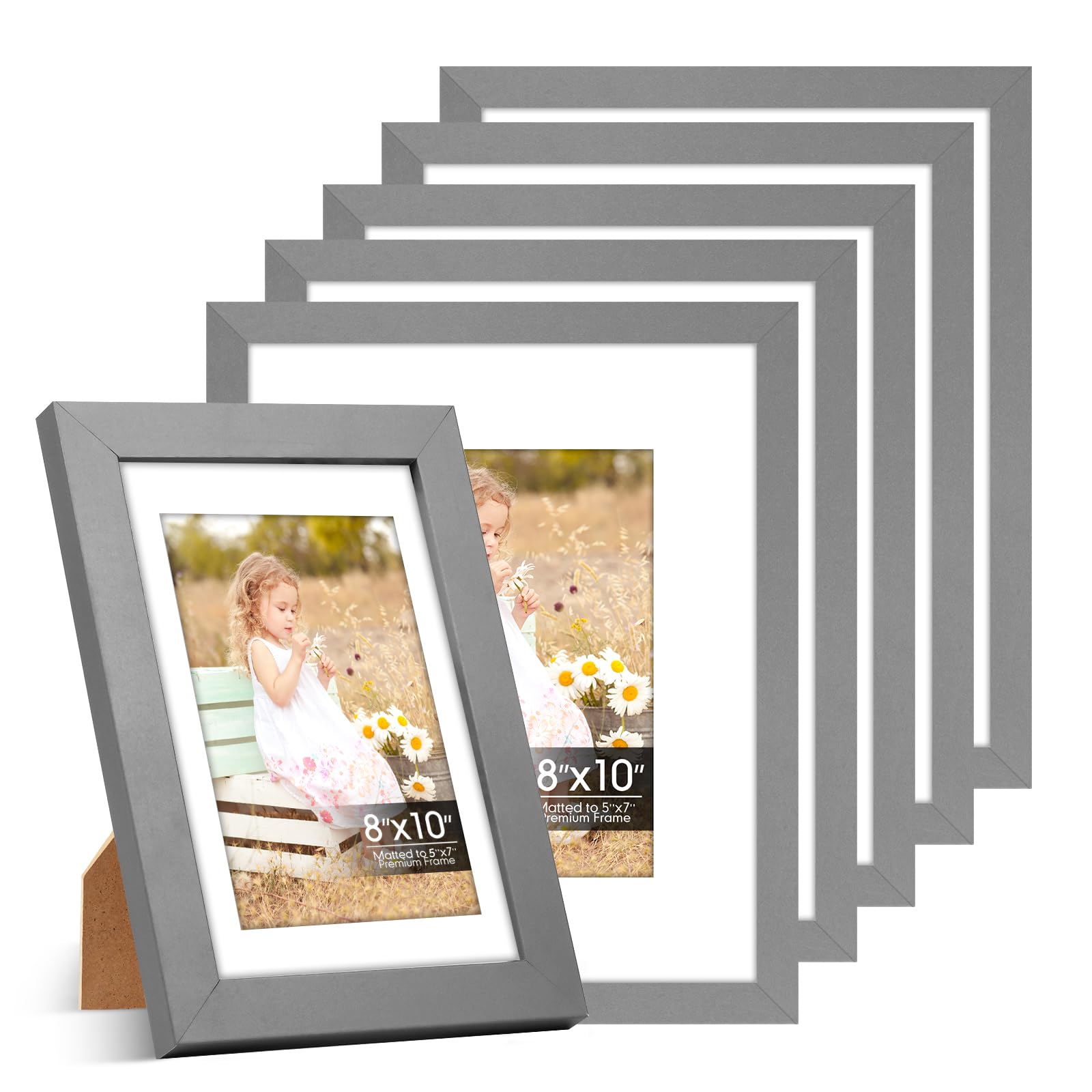 8x10 Picture Frames 6 Pack, Mat for 5x7 Photos, Shatter HD Plexiglass | Removable mat fits two photo sizes, slim frame with stand for horizontal &amp; vertical tabletop &amp; wall mount