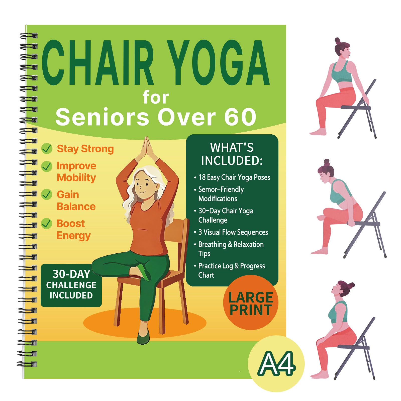 Chair Yoga for Seniors Over 60 Book & Chart, Gentle Seated Chair Yoga Guide, 30-Day Challenge for Flexibility & Balance, A4 Size Easy to Follow Chair Yoga Routine for Older Adults-image-7