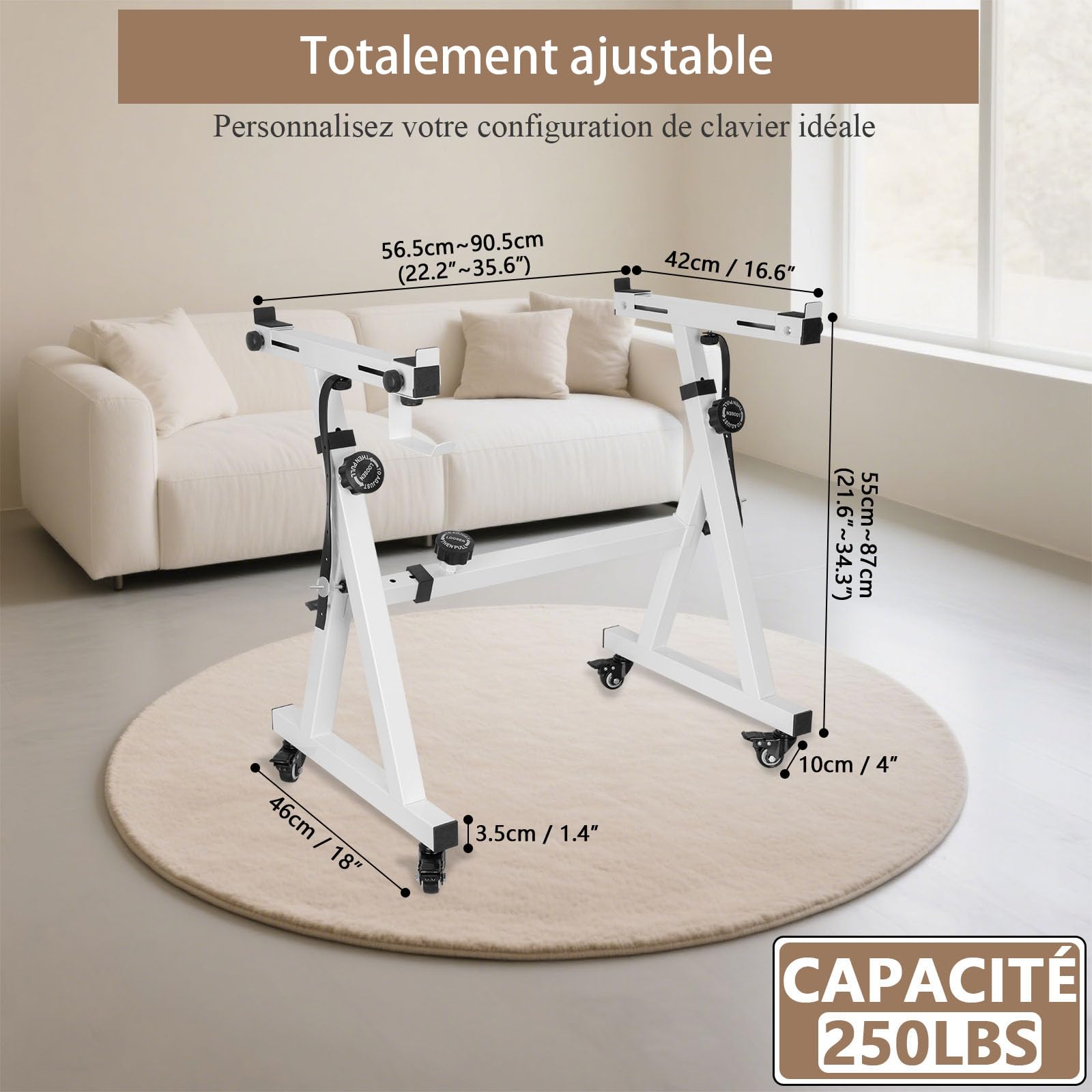 OUUTMEE - Soporte universal para teclado para piano electrónico, 54-88 teclas | 4 ruedas cerradas, altura ajustable (55-87 cm) y anchura (56,5-90,5 cm), estilo Z resistente, blanco