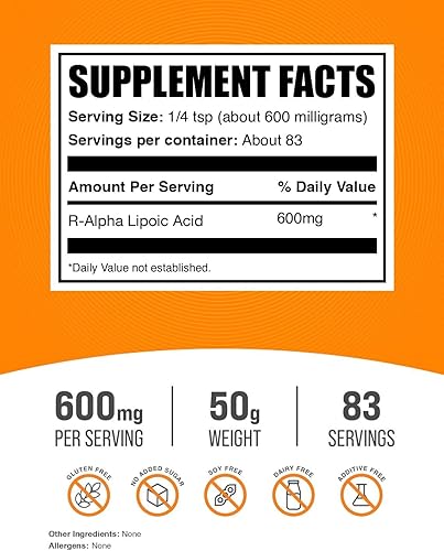 Miniatura 2 de BulkSupplements. com Polvo de ácido R-alfa lipoico - Suplemento R-ALA, ácido R alfa lipoico 600 mg - Suplemento antioxidante, sin gluten, 600 mg por