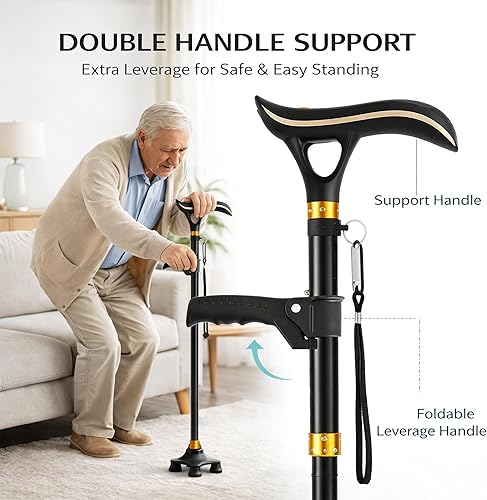 Miniatura 2 de Bastón inteligente para personas mayores con luz LED y alarma, bastón plegable ajustable con asas dobles, 2 puntas, recargable por USB, ayuda de