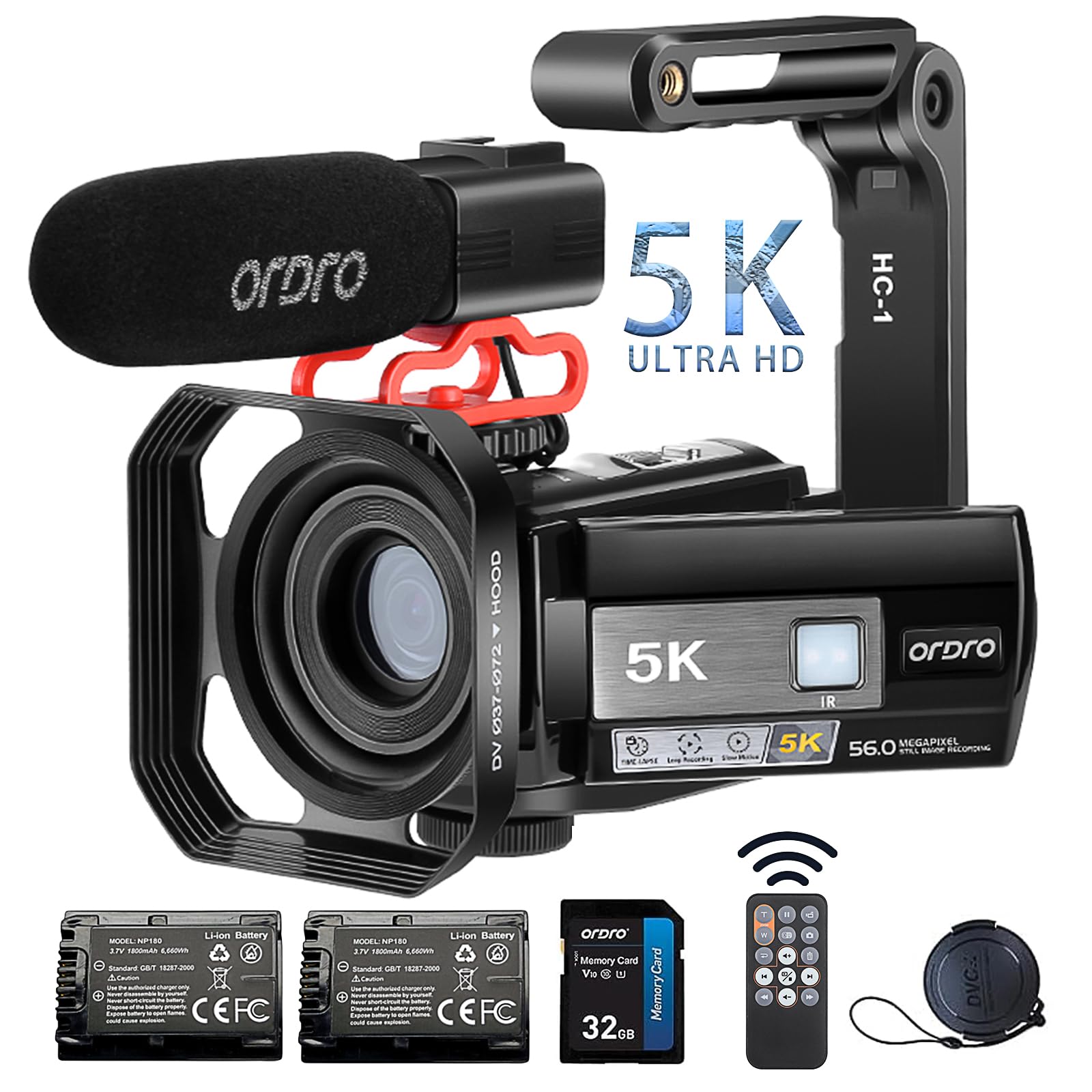 ORDRO AE20 Videocamera 5K 56MP con visione notturna IR, zoom digitale 18X, registratore webcam 3.0'' Rotazione di 270° Touchscreen Vlogging Camera per YouTube