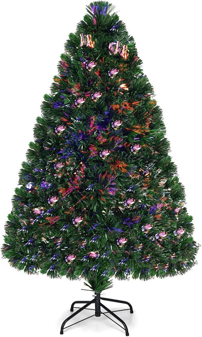 Goplus 4ft Pre-Lit Fiber Optic Christmas Tree, Artificial Lighted Xmas Full Tree with 125 Branch Tips, Colorful Lighting, Foldable Metal Base, for Home Office Decoration 4ft Multicolored