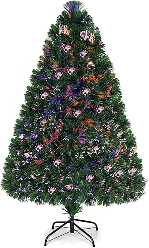 Miniatura 153 de Goplus Árbol de Navidad artificial de fibra óptica preiluminado, con luces LED multicolor y copos de nieve (6 pies)
