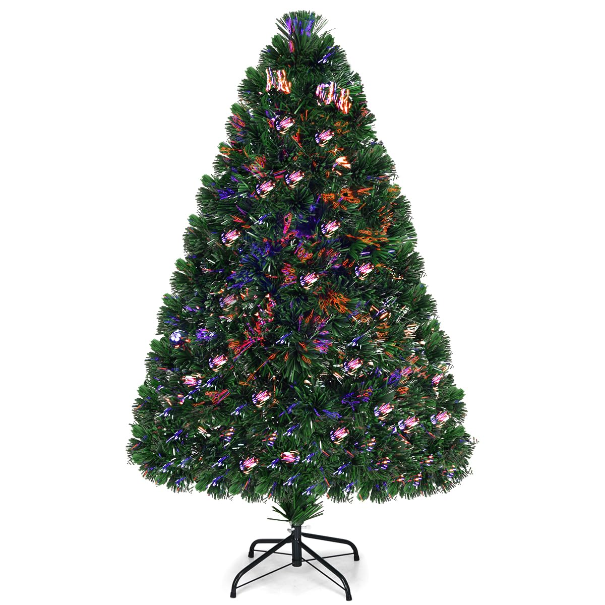 Goplus 4ft Pre-Lit Fiber Optic Christmas Tree, Artificial Lighted Xmas Full Tree with 125 Branch Tips, Colorful Lighting, Foldable Metal Base, for Home Office Decoration